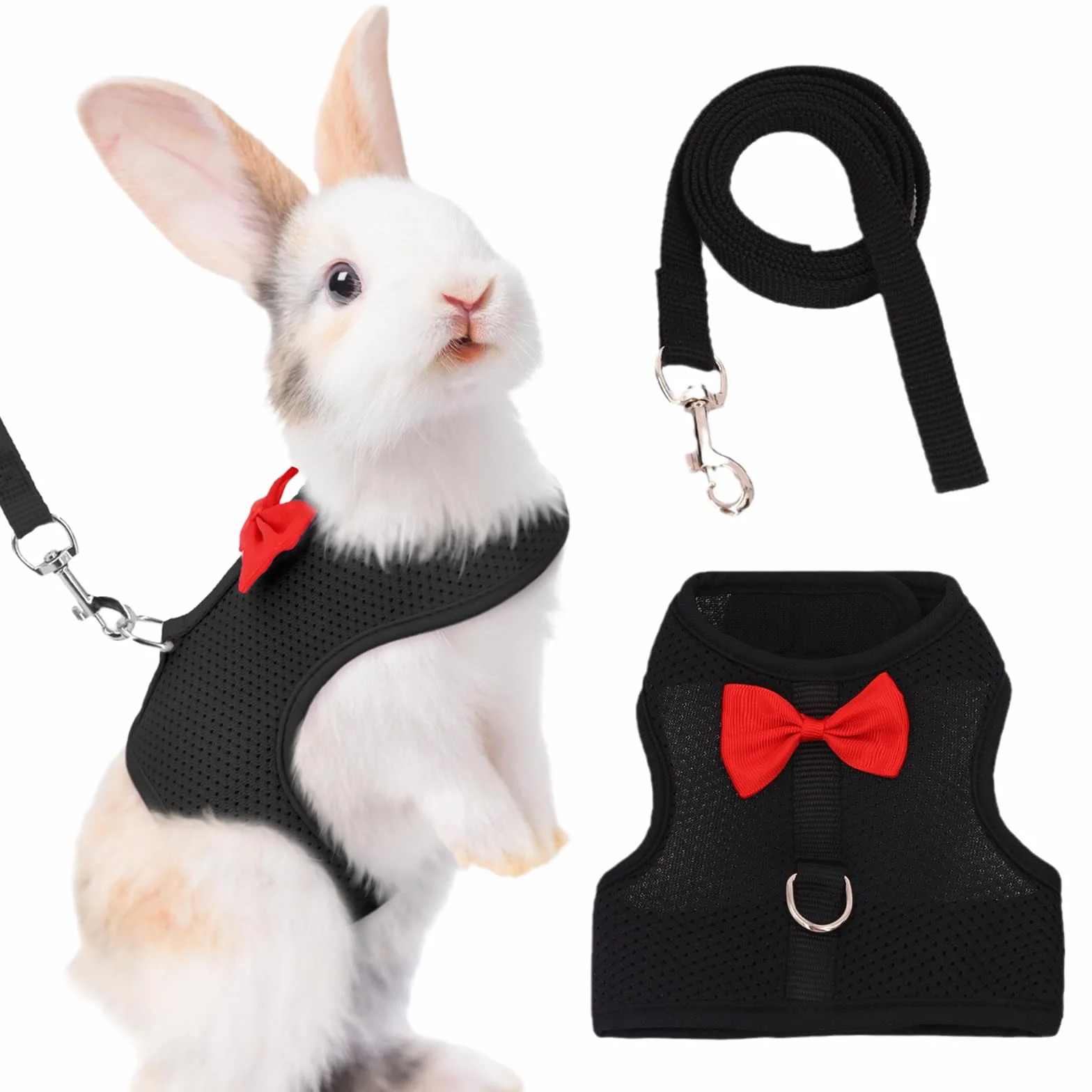 Harnais Lapin avec Laisse Réglable Respirant, Grande Taille L pour Lapin Nain Furet, Noir