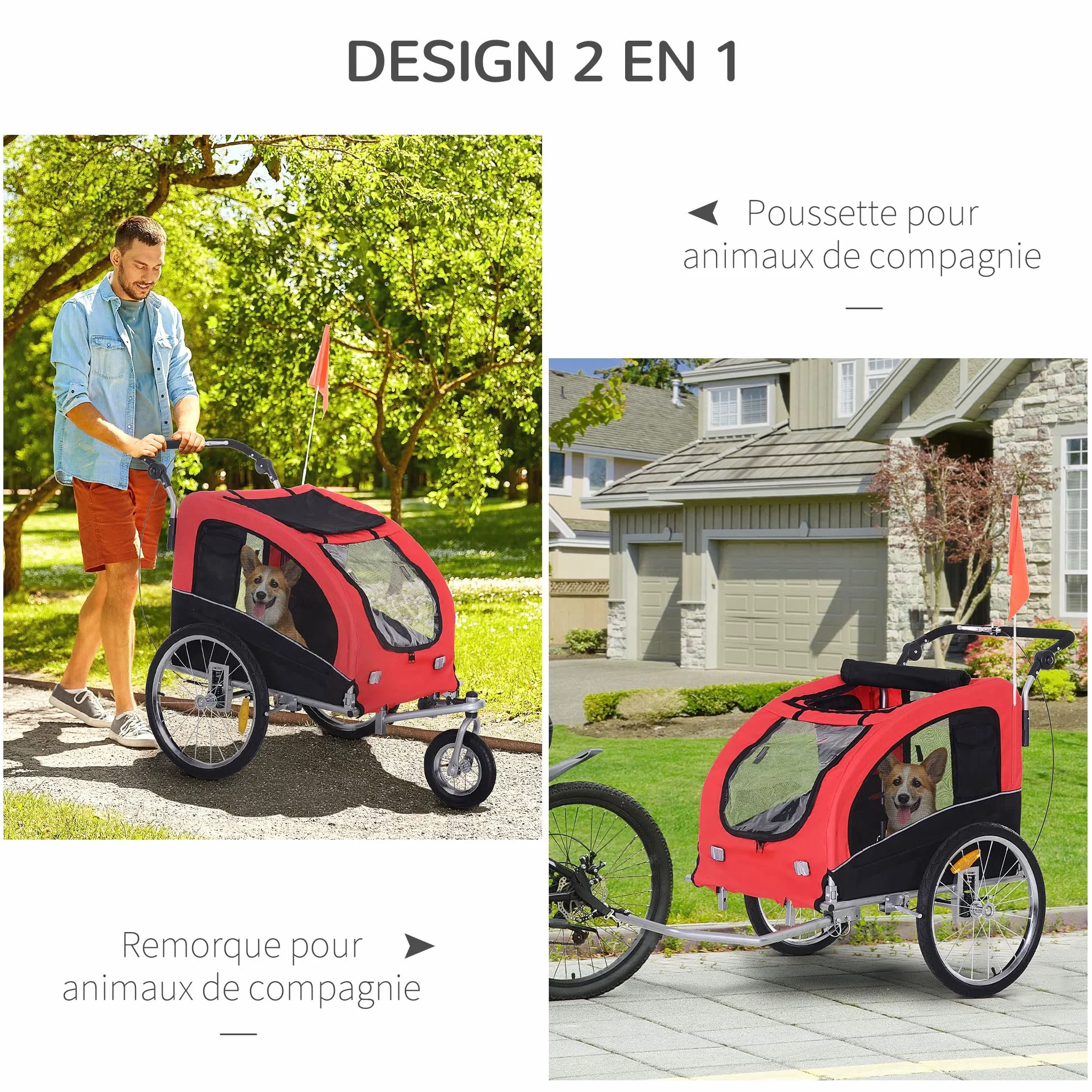 HOMCOM Remorque vélo Jogger 2 en 1 pour Animaux, Roue Avant pivotante, Réflecteurs, Barre d'attelage, Rouge Noir
