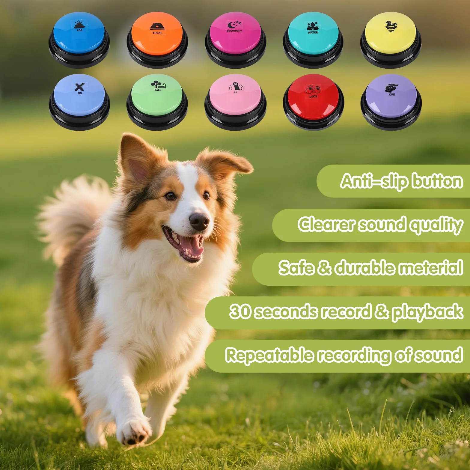 Boutons pour chiens pour la communication Kit de démarrage de 10 boutons pour chiens 30S Boutons d'entraînement enregistrables HD avec tapis antidérapant imperméable + 50 autocollants de scènes