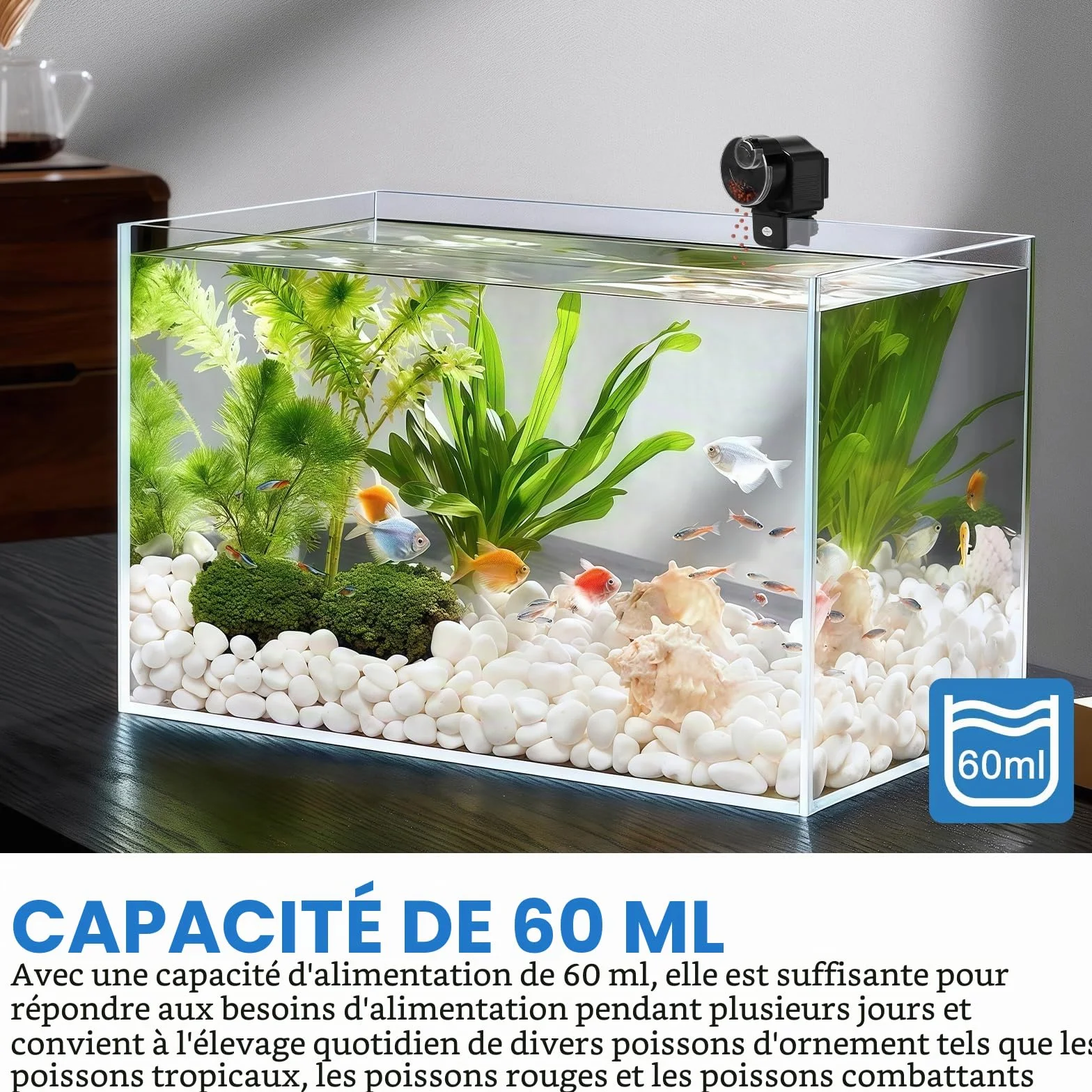 Distributeur automatique de nourriture pour poissons 60 ml pour granulés et bandes