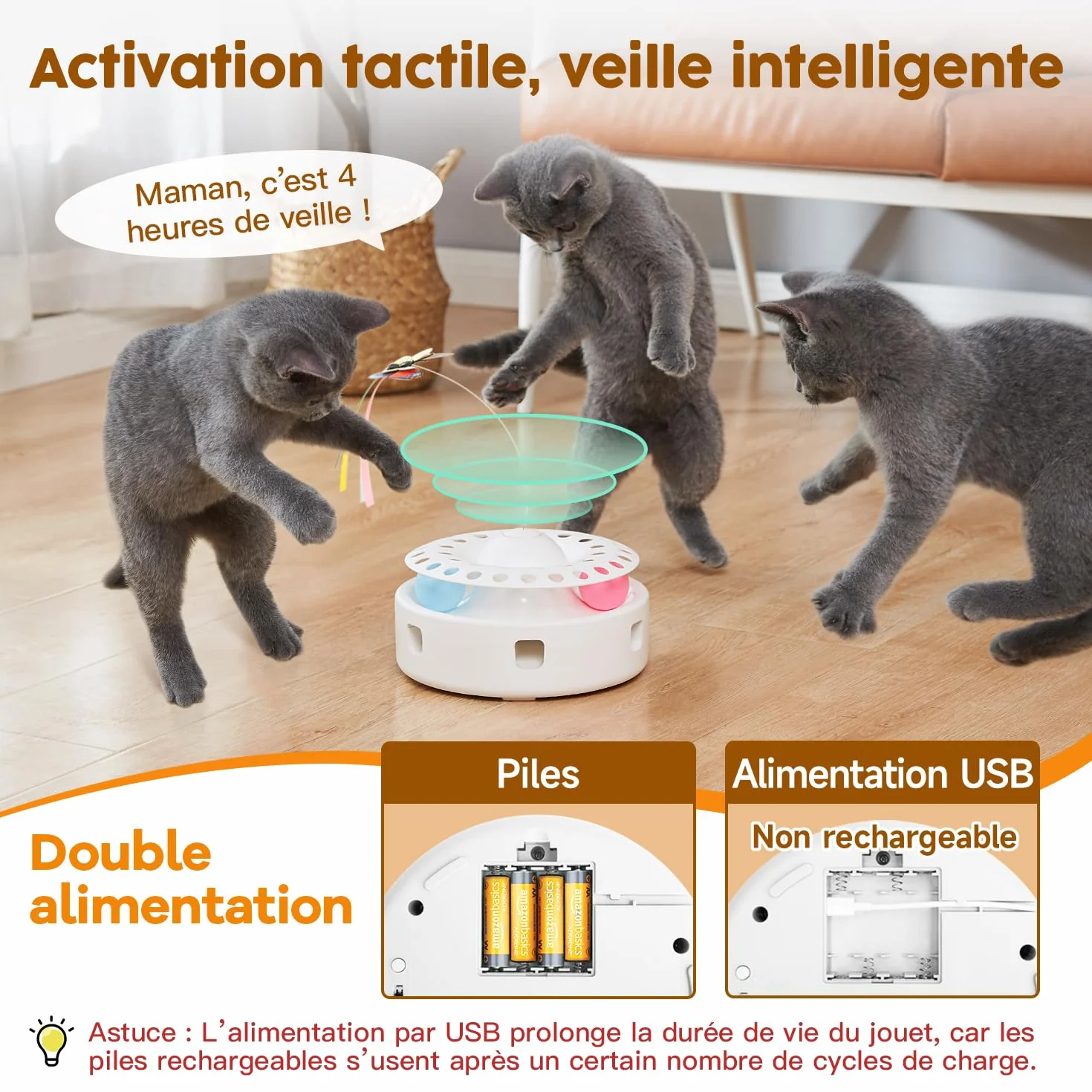 Potaroma Jouet Interactif Automatique 3-en-1 pour Chats d'Intérieur – Plumes Mobiles, Papillon Volant & Balles de Piste, Double Alimentation USB ou Piles