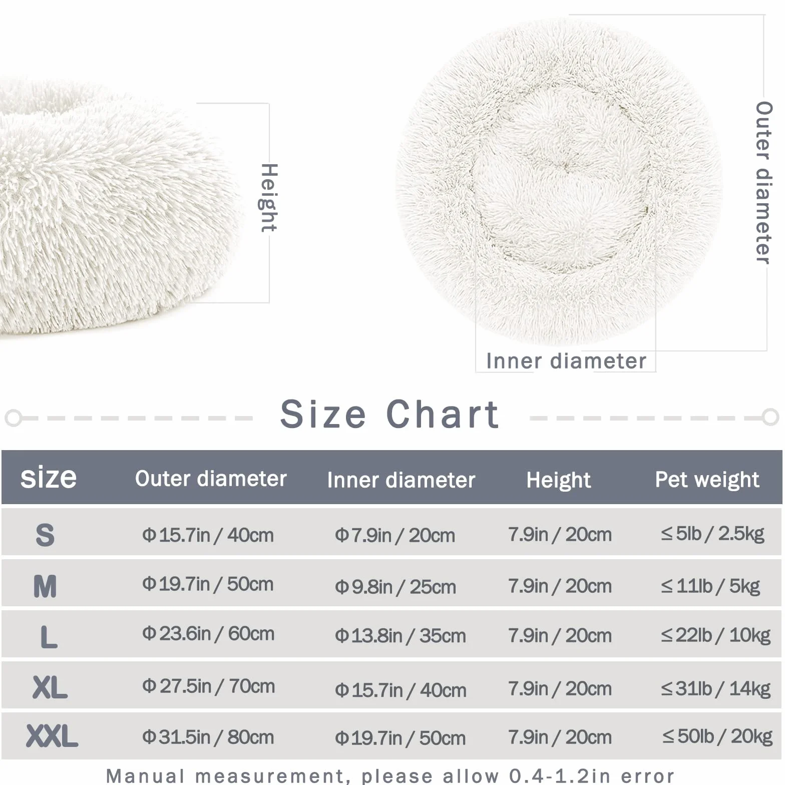 Coussin Anti Stress Apaisant pour Chat Chien Moelleux Rond Donut Lit Confortable Lavable Blanc S