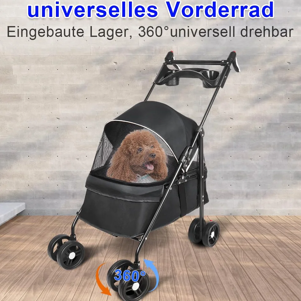 Poussette pour Chien 25 Kg avec Sac de Rangement, Housse de Pluie et Porte-gobelet - Pet Stroller Buggy 50x70x95cm Noir