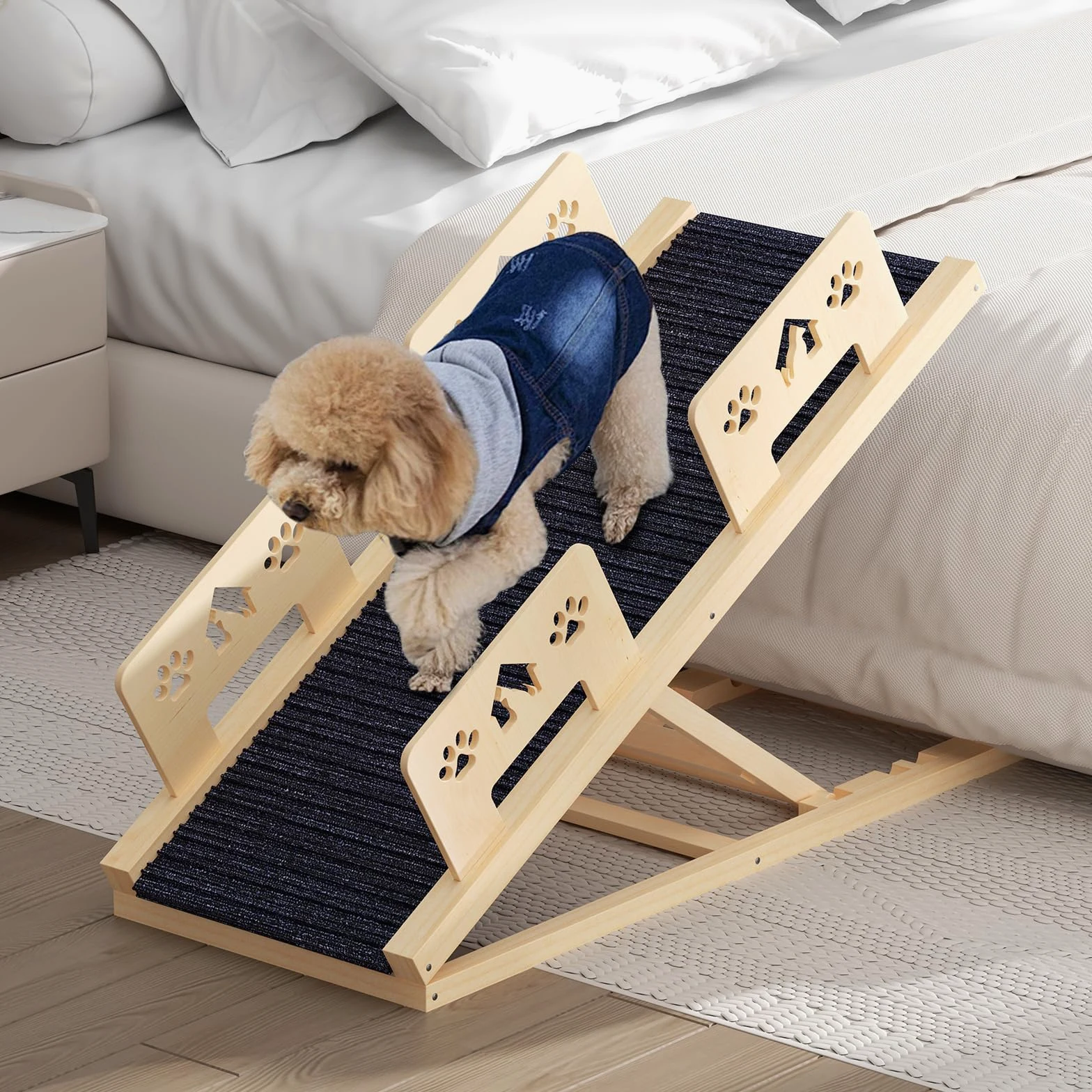 Rampe pour chien - 100 cm de long - Avec rampe de sécurité - Réglable en hauteur - Portable - En bois - Avec rampe antidérapante - Pour lit, canapé, voiture, voyage, petits, grands et vieux chiens