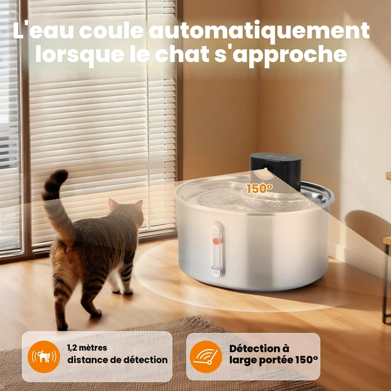 3.2L Fontaine a Eau Chat sans Fil INOX, Fontaine a Eau Chat Detecteur de Mouvement, Batterie 5000mAh, Silencieux, Équipé d'une Fonction Anti-Séchage, pour Chats et Petits Chiens