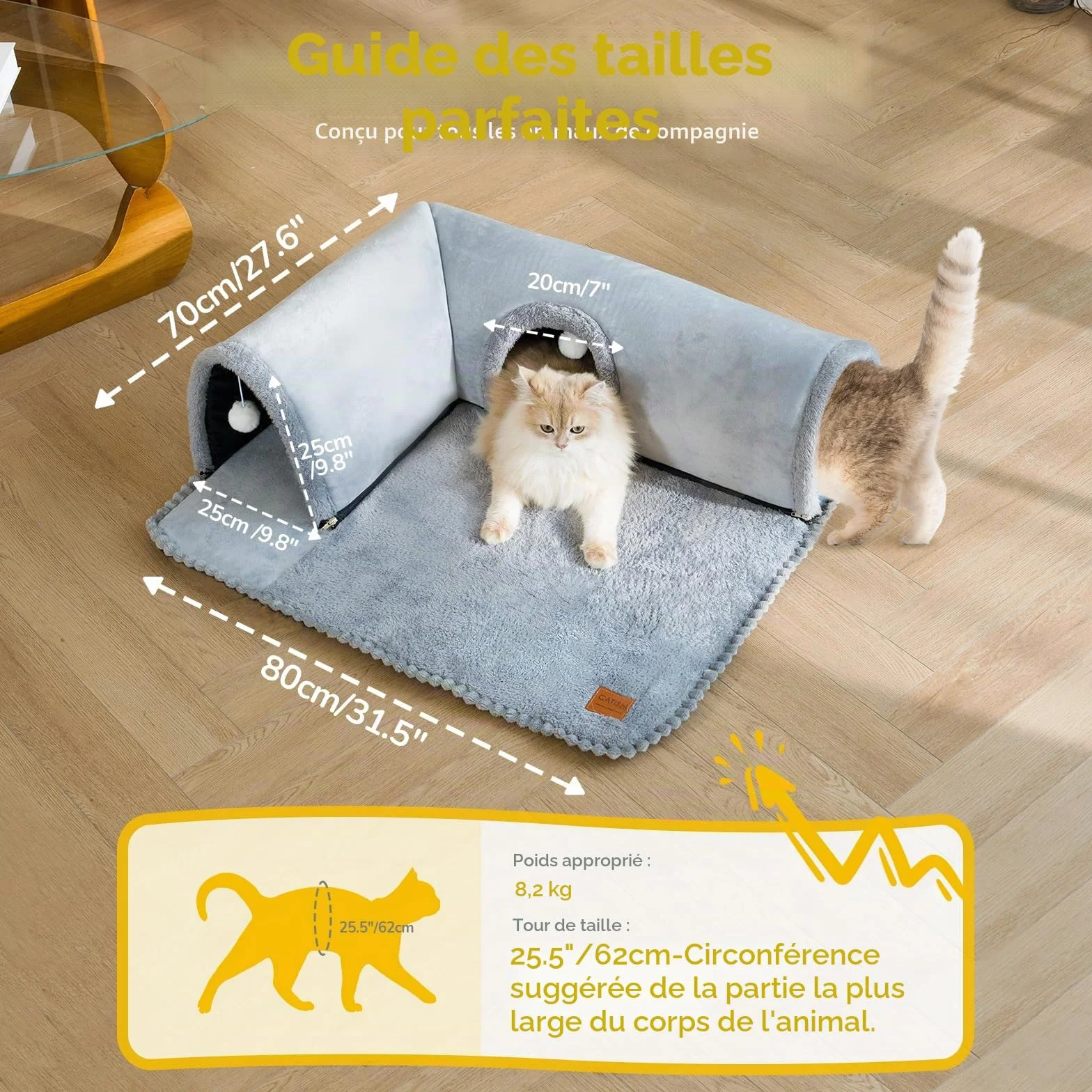 CATISM Lit Tunnel pour Chat à l'intérieur, Tube de Jeu Amovible pour Chaton, Tapis Lavable pour Chaton avec Jouets à balles
