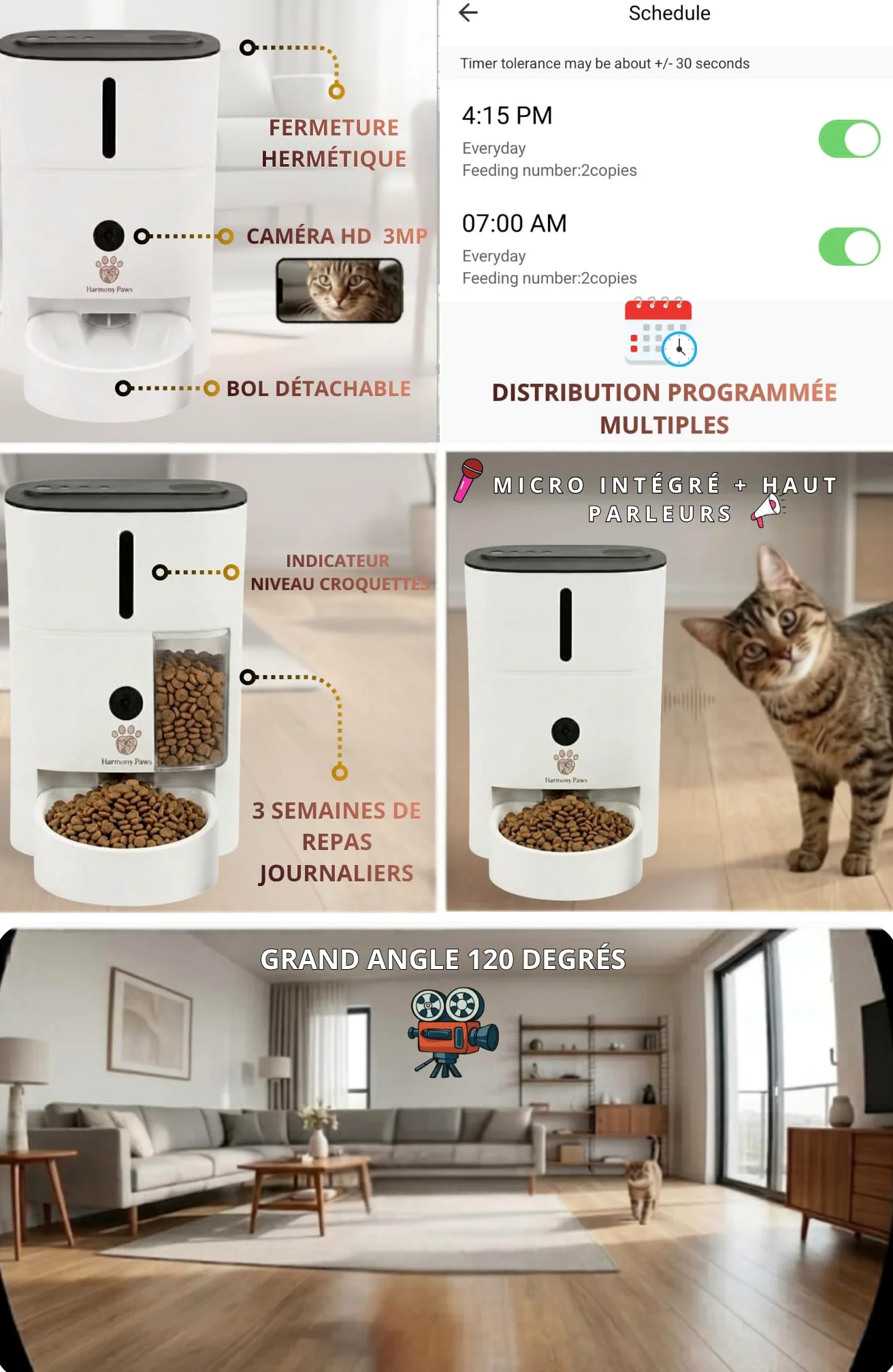 HarmonyPaws Distributeur de Croquette prenium Automatique connecté Smartlife WiFi avec caméra Haute définition à détecteur de Mouvement et Micro intégré