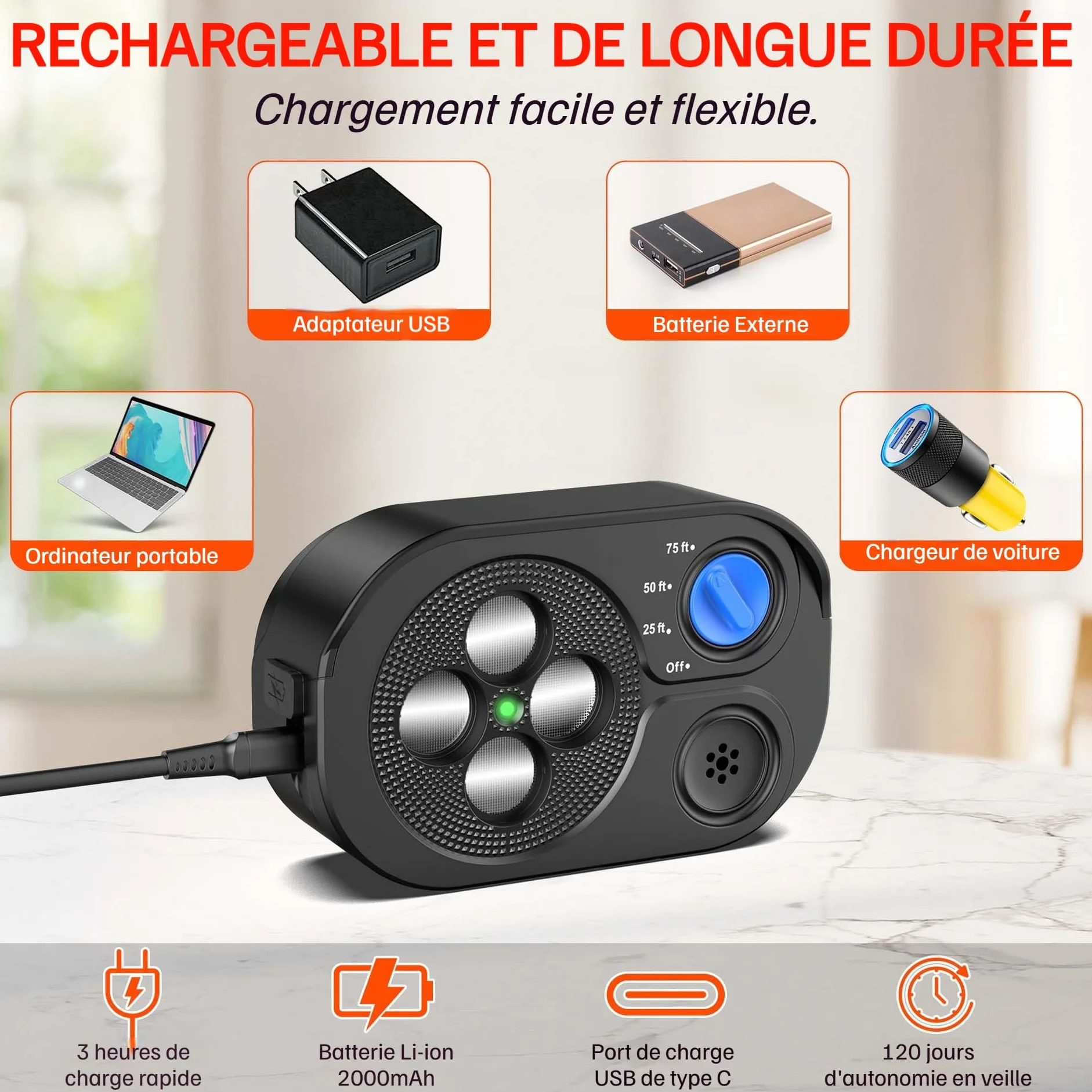 Répulseur de Chien à Ultrasons Anti-Aboiement, 3 Modes, Portée 20m, Batterie 2000mAh Rechargeable USB-C, IP65, Noir