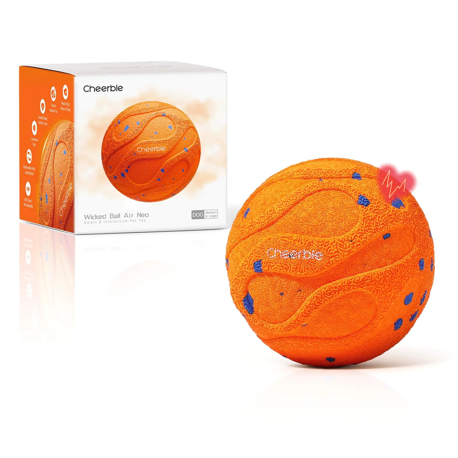 Cheerble Wicked Ball Air Neo – Le Ballon interactif Qui Calme Votre Chien avec Mode apaisant imitant Les battements de cœur, Auto-Rotatif, E-TPU, IPX7 étanche, pour Petites et Grandes Races, Orange
