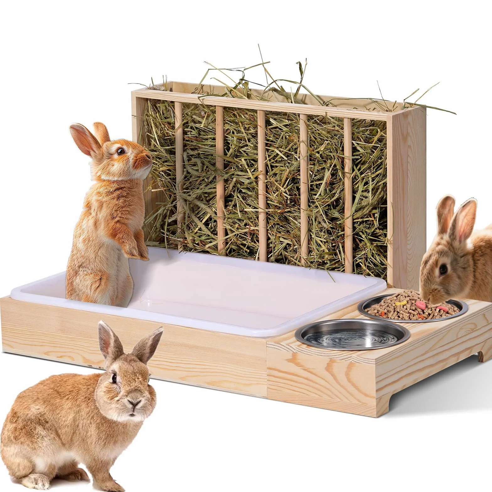 Râtelier à foin 3 en 1 pour lapin en bois avec deux bols distributeur nourriture petits animaux