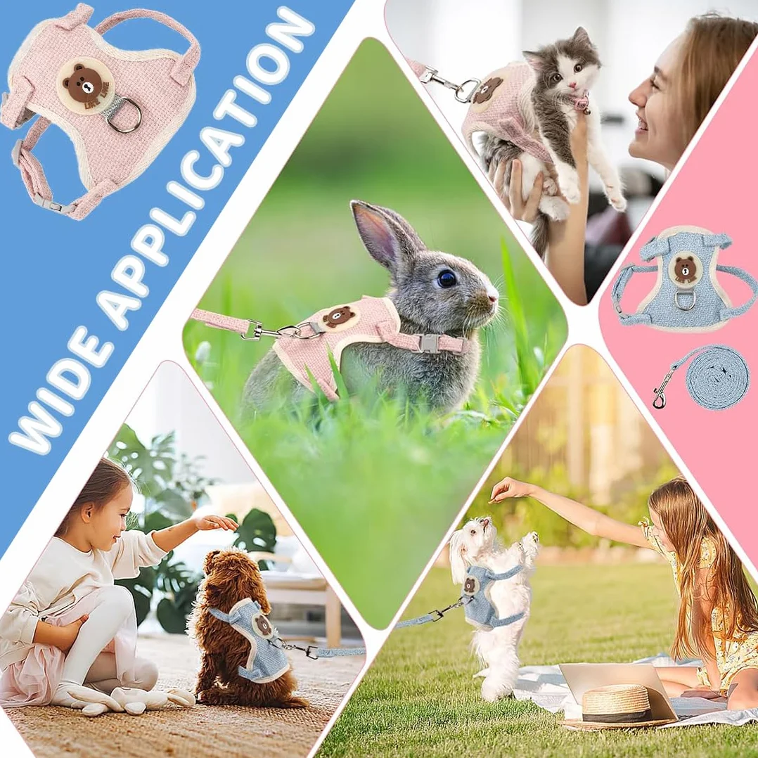 Harnais réglable pour Lapin avec Laisse - Set de 2 - Bleu et Rose - Accessoires Souples pour Chats et Petits Chiens