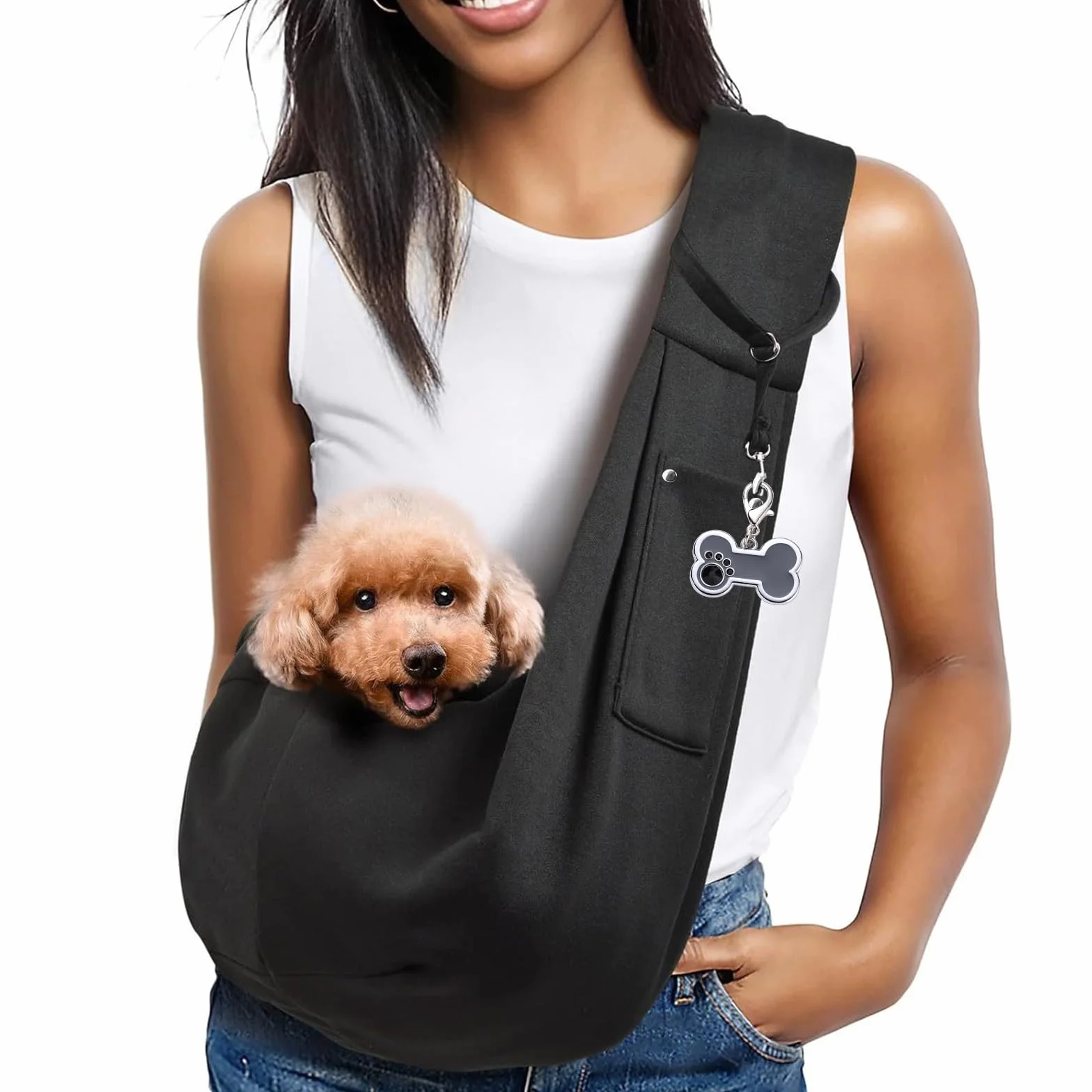 TYXHXTF Sac de Transport pour Chien Chat, Réglable Sac à Bandoulière Mains Libres Petit Chien, Portable Bandoulière pour Animal de Compagnie avec médaille, pour l'extérieur, Les Voyages, Marche（Noir）