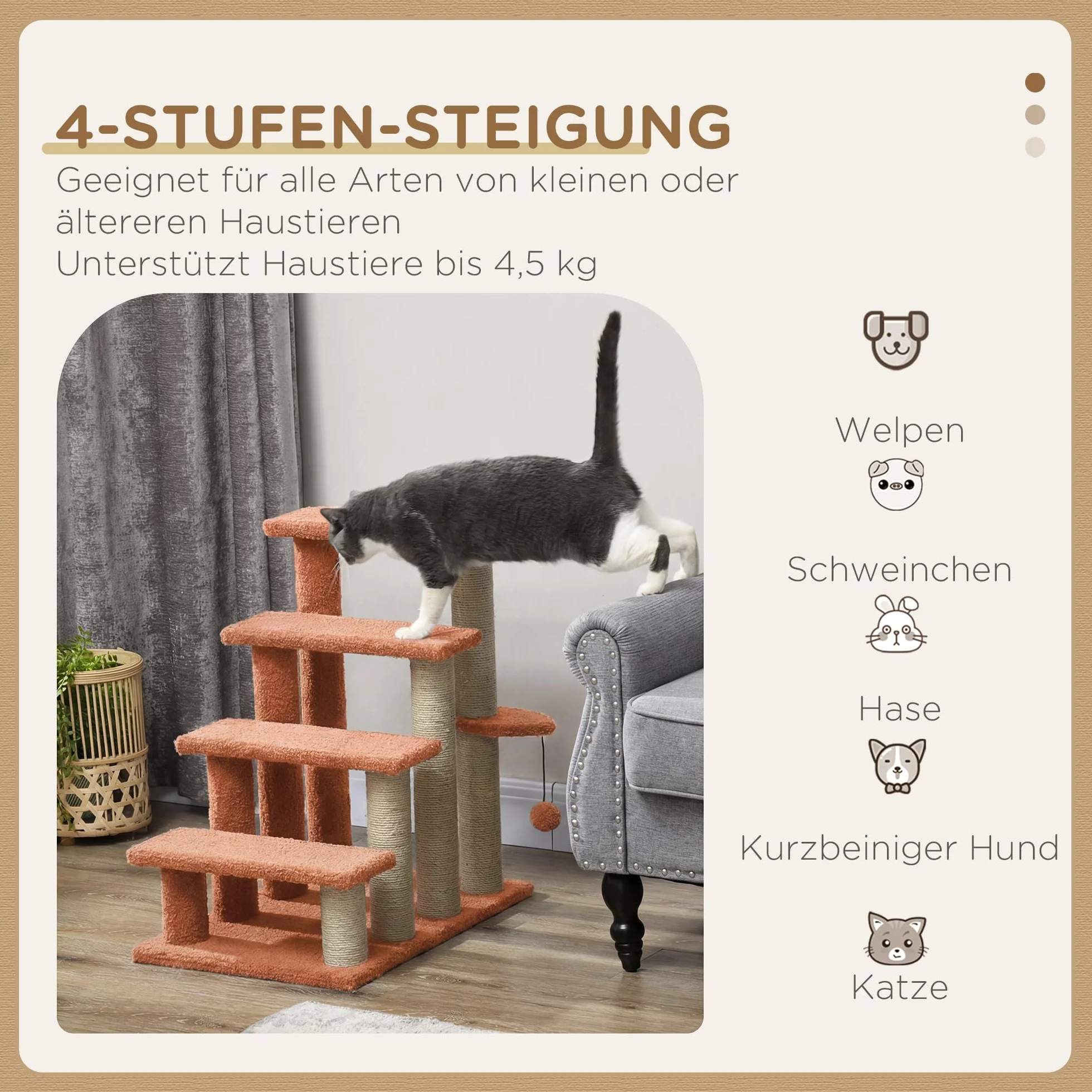 PawHut Escalier pour chats 4 marches avec griffoir balle de jeu pour animaux jusqu'à 5 kg marron 60 x 40