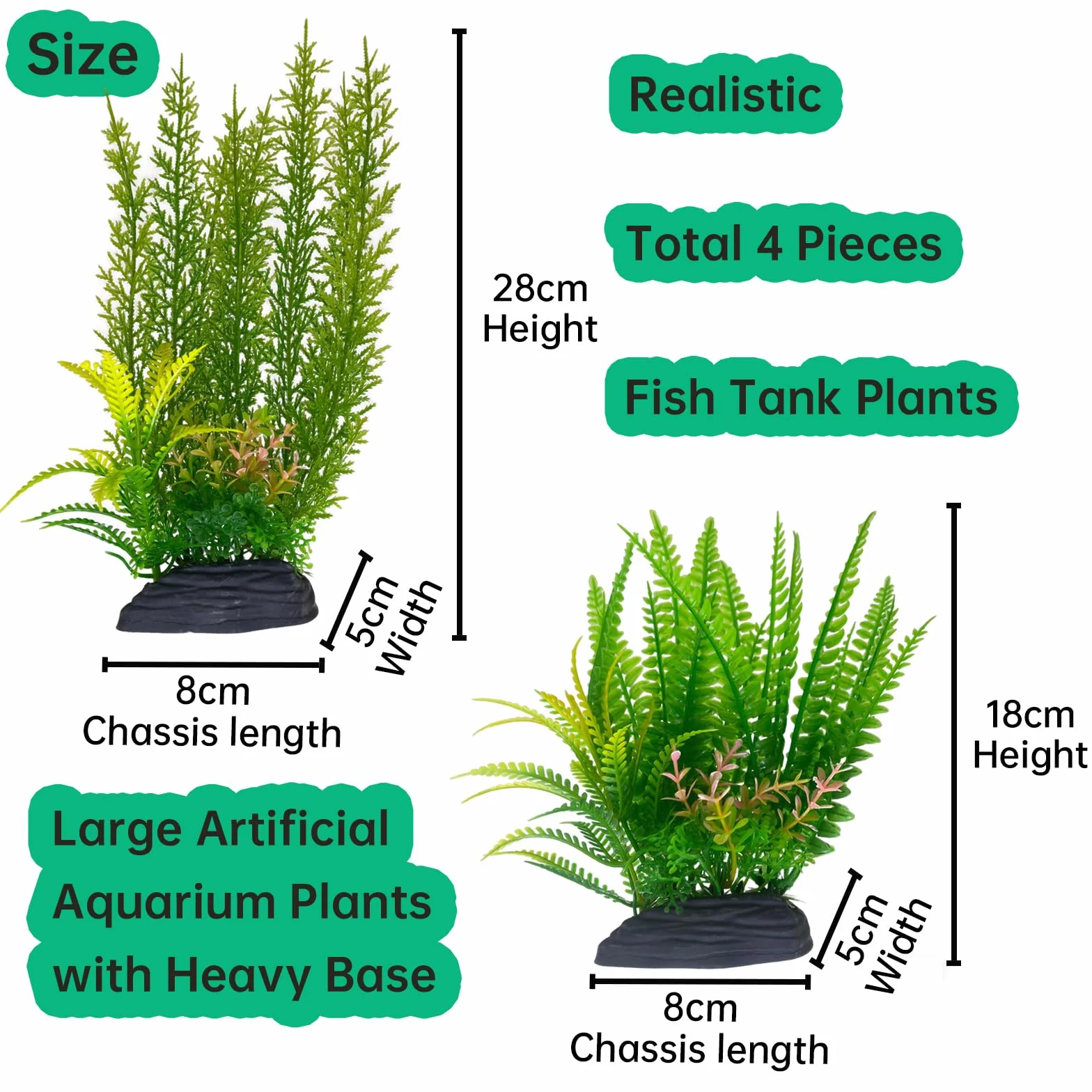 Plantes Artificielles pour Aquarium, Grandes Plantes Vertes en Plastique avec Base PVC, 28cm et 18cm