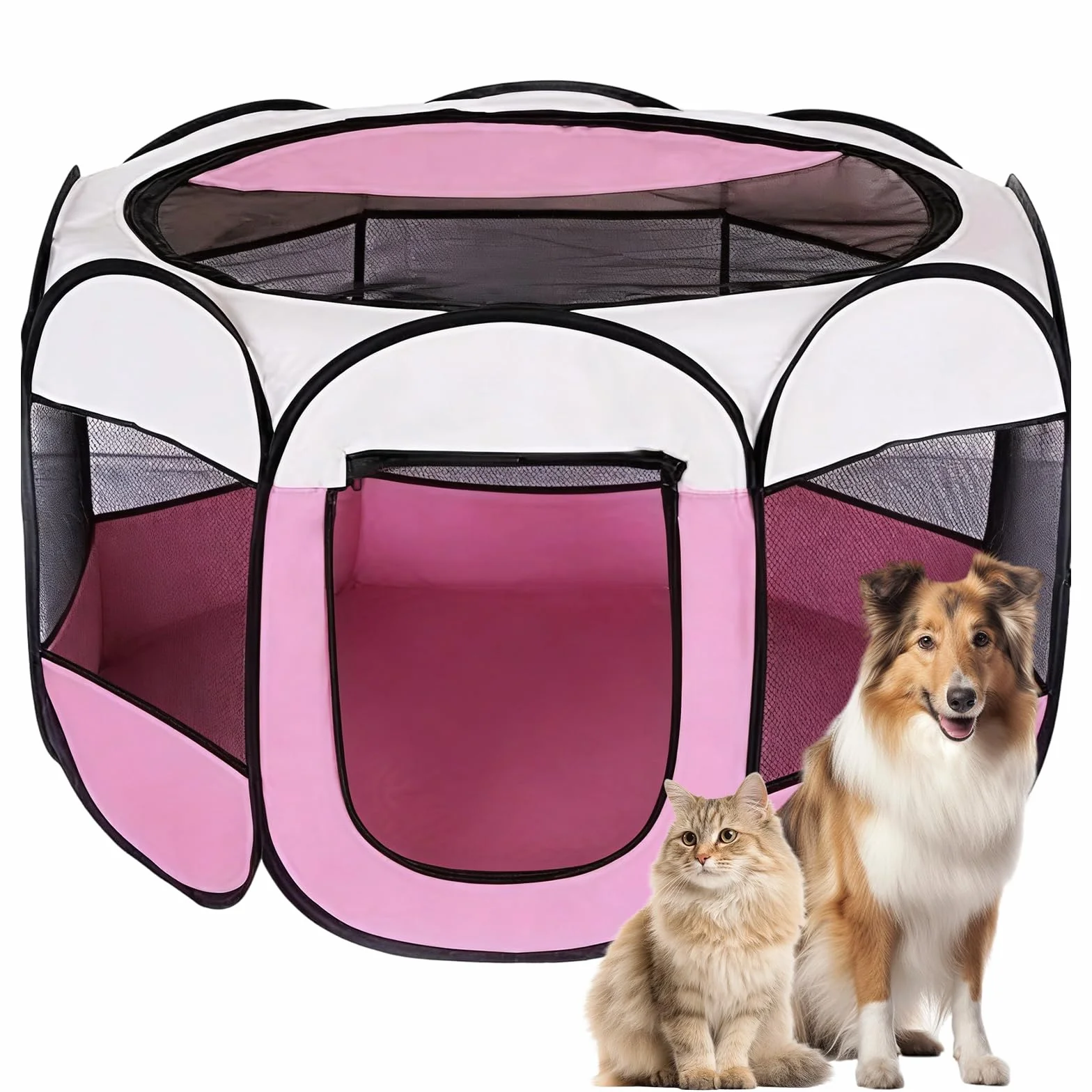 Parc pour Chien Portable Tente Respirante Intérieur Extérieur 74 x 74 x 43 cm Rose
