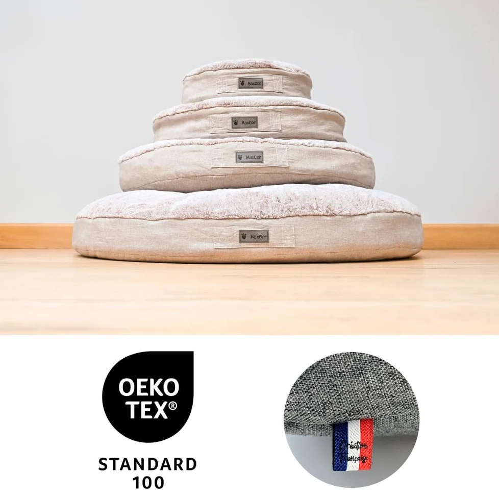 MaxCor Coussin Chien et Chat Rond à Mémoire de Forme Orthopédique - Petit Beige - Soulage et Préserve Les articulations - Réversible Face Hiver, Face été - Ne se déforme Pas et Lavable en Machine