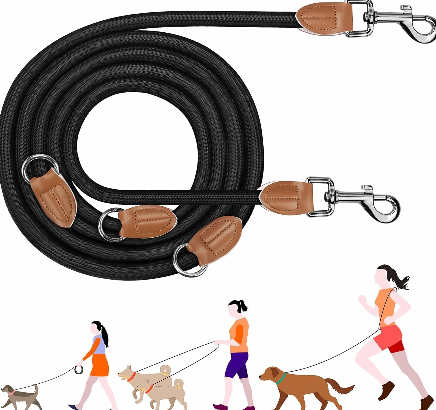 Laisse Réglable 3 m Multifonctionnelle 3 Points Robuste pour 2 Chiens, Longe pour Chien Petite à Grande Taille, Noir