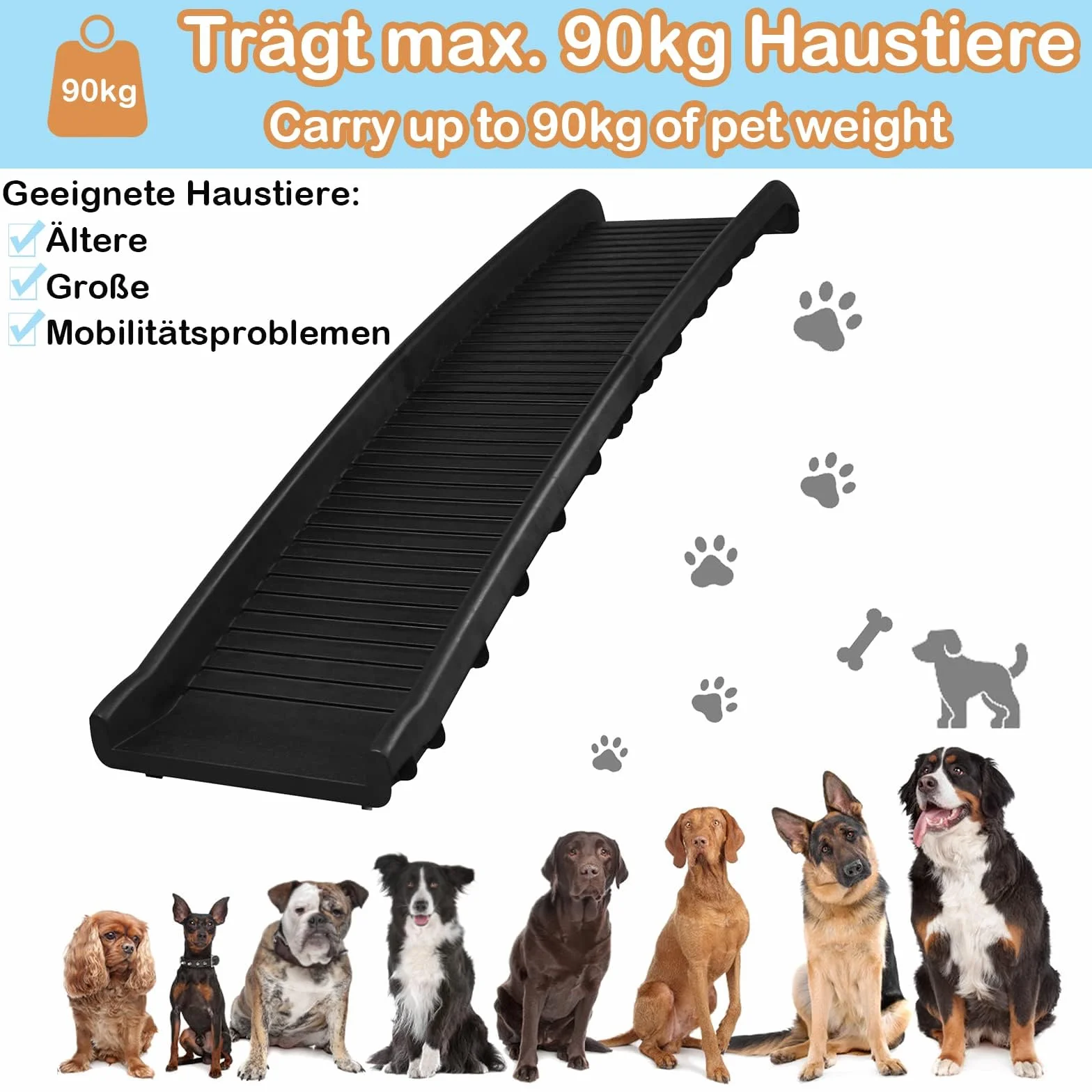 LZQ Rampe pour chien et animal de compagnie - Pliable - Antidérapante - Pour grands animaux de compagnie jusqu'à 90 kg - Noire