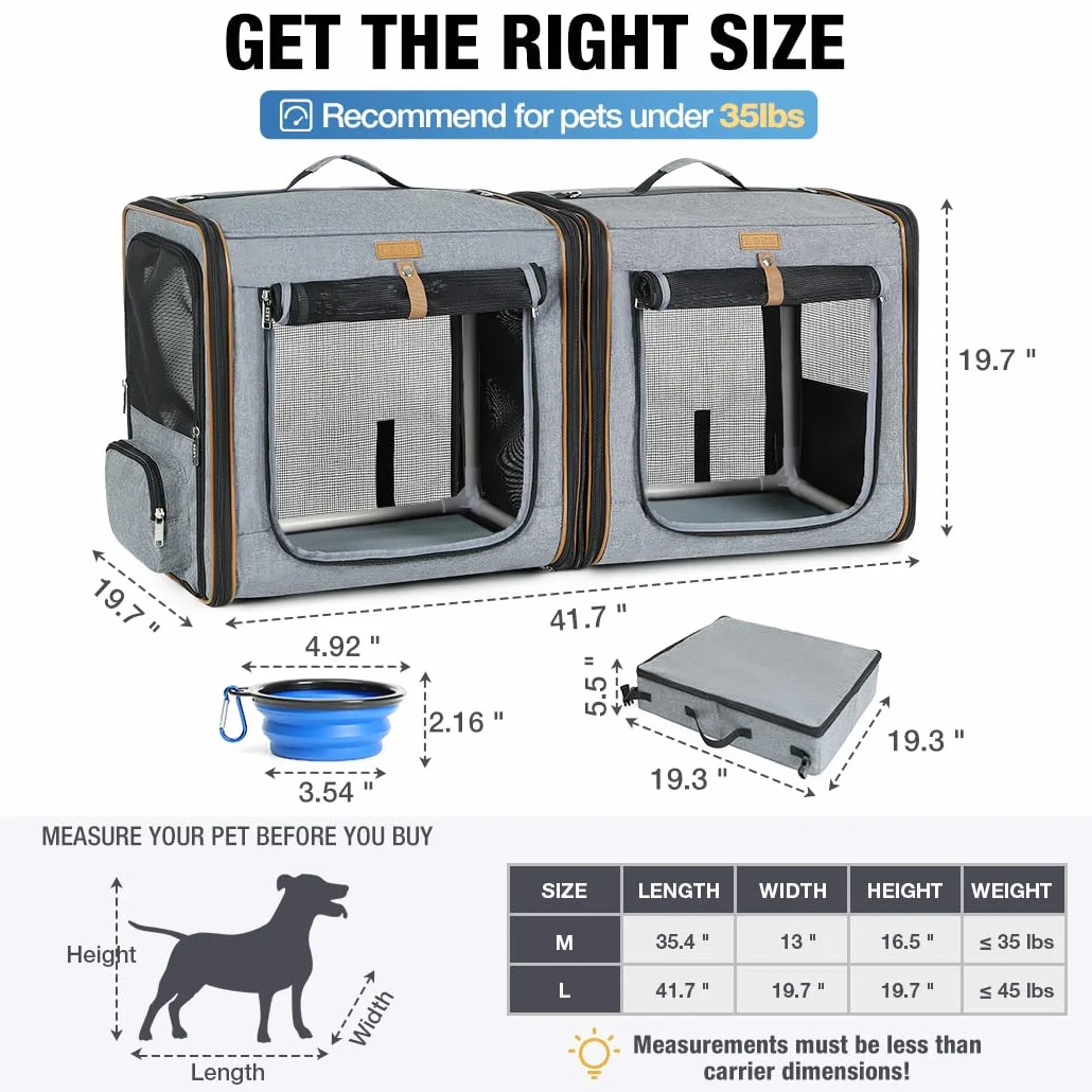 Boîte De Transport 2 en 1 pour Chien et Chat avec Cadre en Fibre Solide, Pliable - Gris