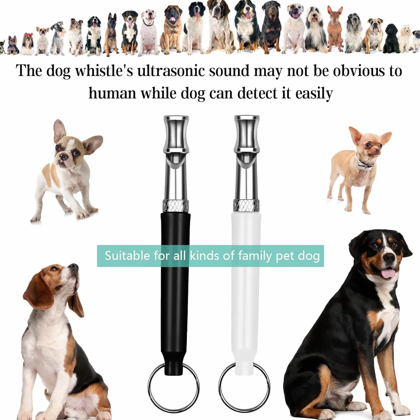 Sifflet Ultrason Chien Anti Aboiement Haute Fréquence 2 Pièces avec Lanière Réglable Blanc Noir