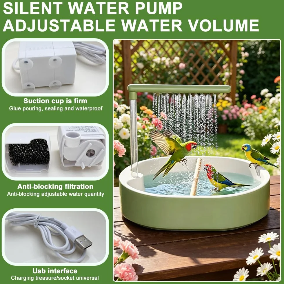 Douche à Oiseaux Automatique avec Douche d'eau Circulante pour Perroquet, Perruche, Cacatoès Vert
