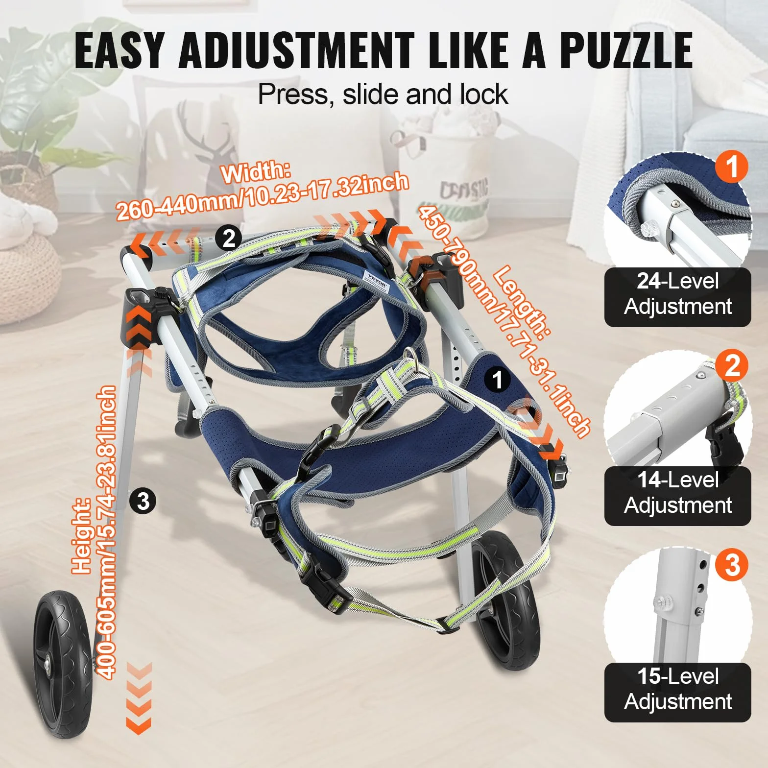 VEVOR Fauteuil roulant pour chien 2 roues arrières, fauteuil roulant animaux réglable pour guérison membres postérieurs