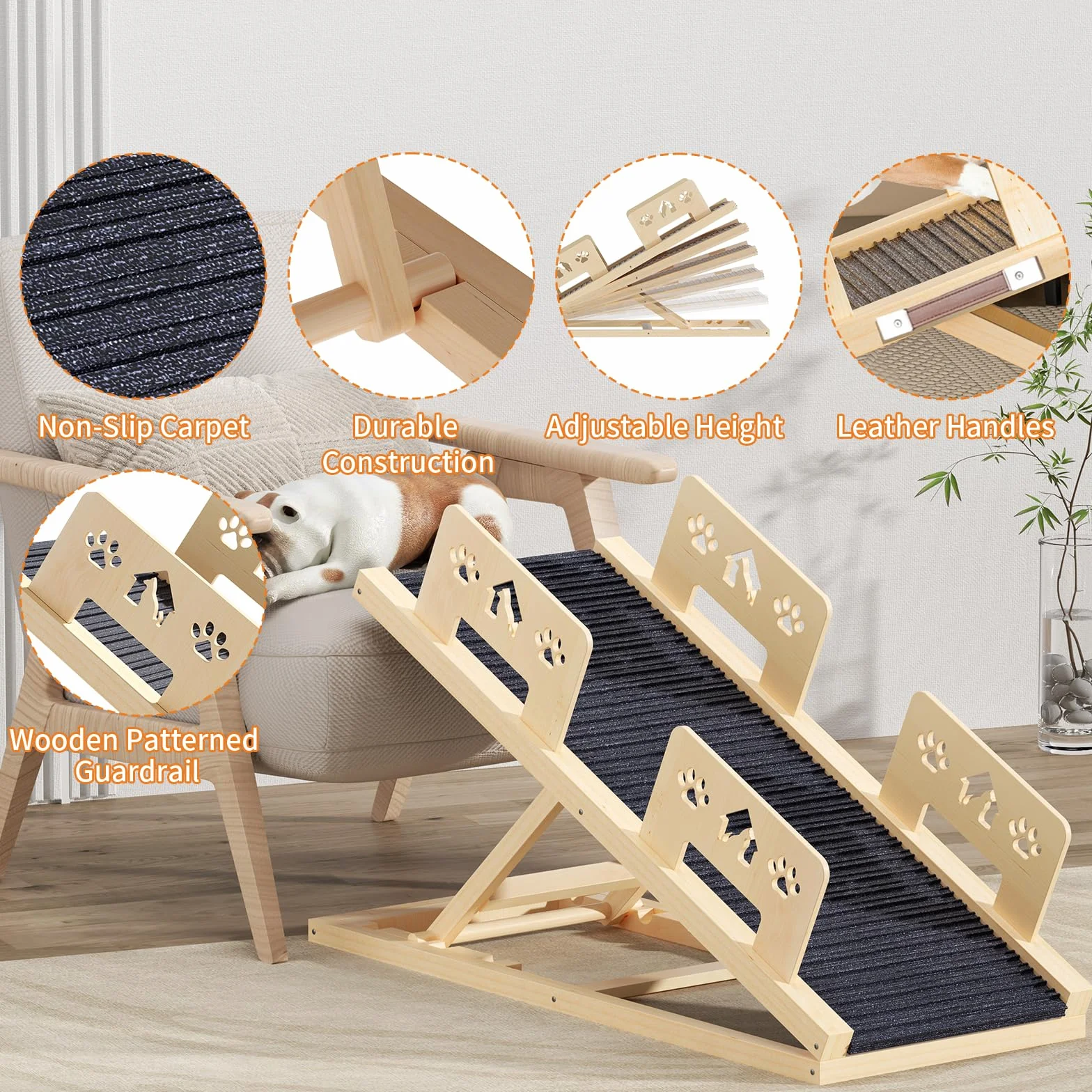 Rampe pour chien - 100 cm de long - Avec rampe de sécurité - Réglable en hauteur - Portable - En bois - Avec rampe antidérapante - Pour lit, canapé, voiture, voyage, petits, grands et vieux chiens