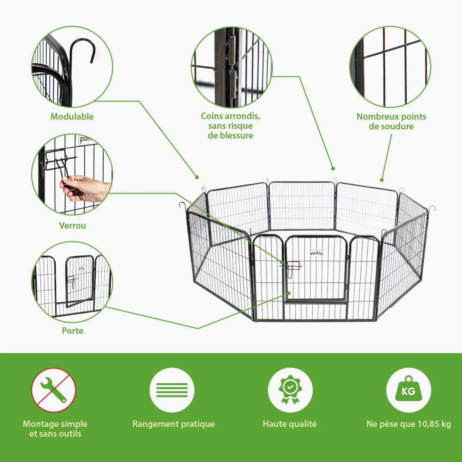 Parc Enclos pour Chien Chiot et Lapin GARDEO80x60x8, 8 Panneaux 80X60cm, 2,56M2, modulable, intérieur et extérieur, Pliable, Garantie 5 Ans