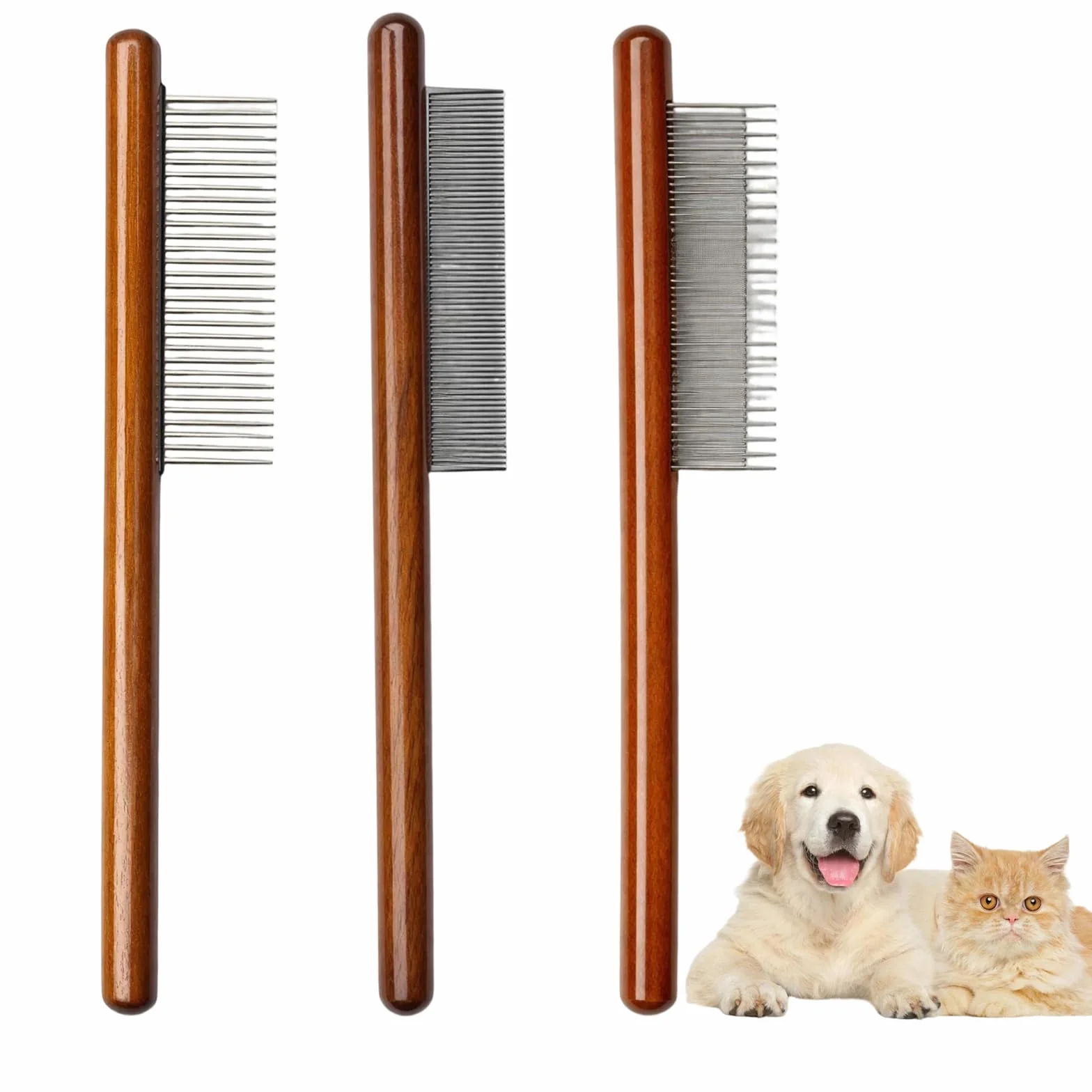 Peigne pour chat et chien, 3 pièces, peigne en bois pour démêler les poils longs et courts, peigne anti-nœuds en métal, idéal pour le toilettage des animaux