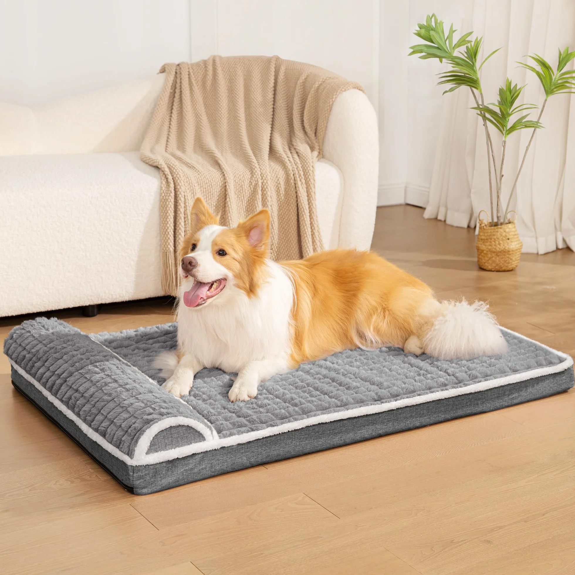 Panier Chien Moyen Orthopédique, Lit Matelas pour Chien avec Oreiller Latéral Moelleux, Coussin Déhoussable Lavable en Machine, Imperméable, Base Antidérapante, 91x61cm, Gris