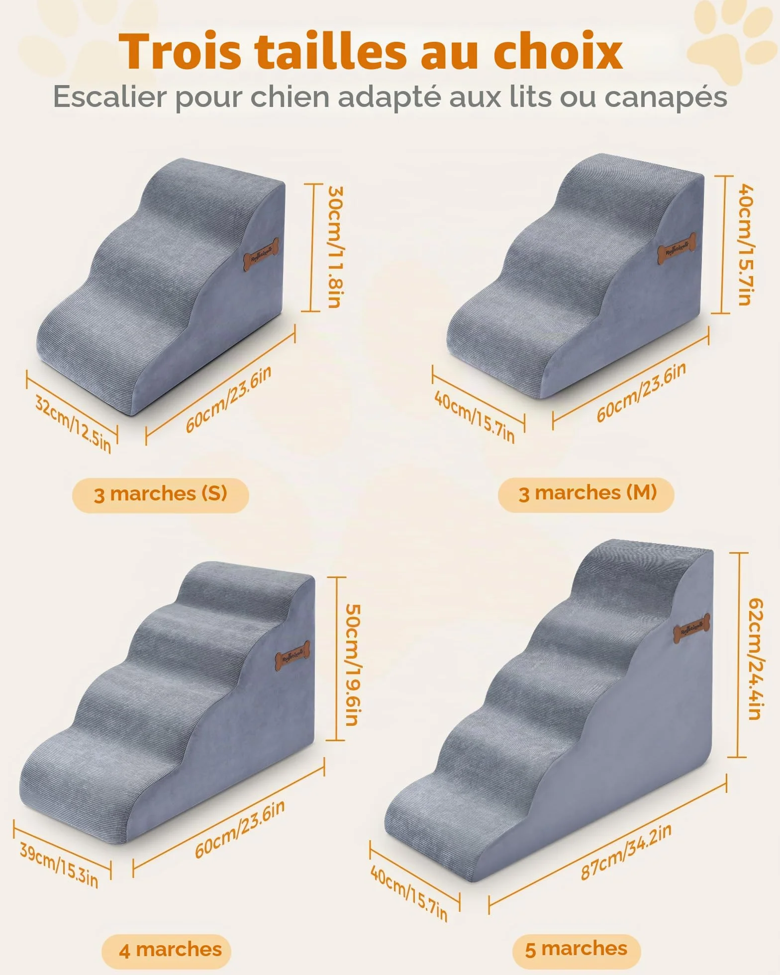 Marchepieds pour Chien 3 Niveaux 32 x 60 x 30 cm Rampe en Mousse 30 cm Antidérapant pour Canapé et Lit Haut