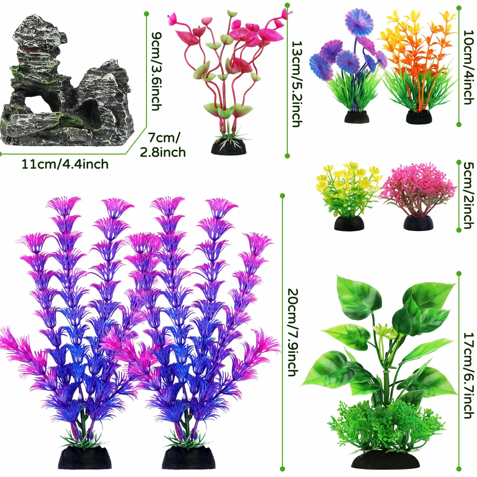 QUOZUO Plantes d'Aquarium Artificielle avec Rocher Polyrésine Grotte Ornement 9 Pièces