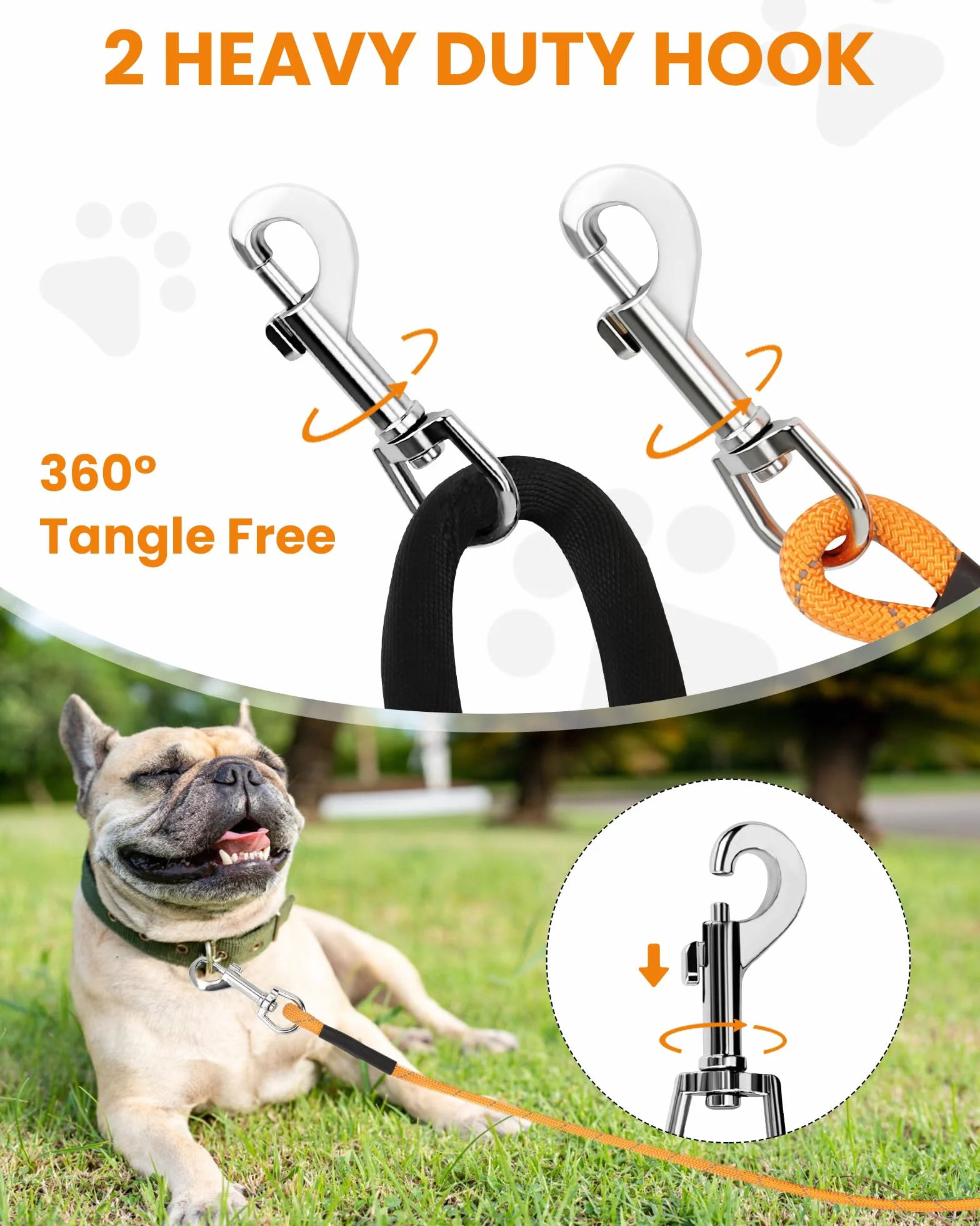 PETTOM Longe Chien 10m Réfléchissante avec 2 Mousquetons, Orange