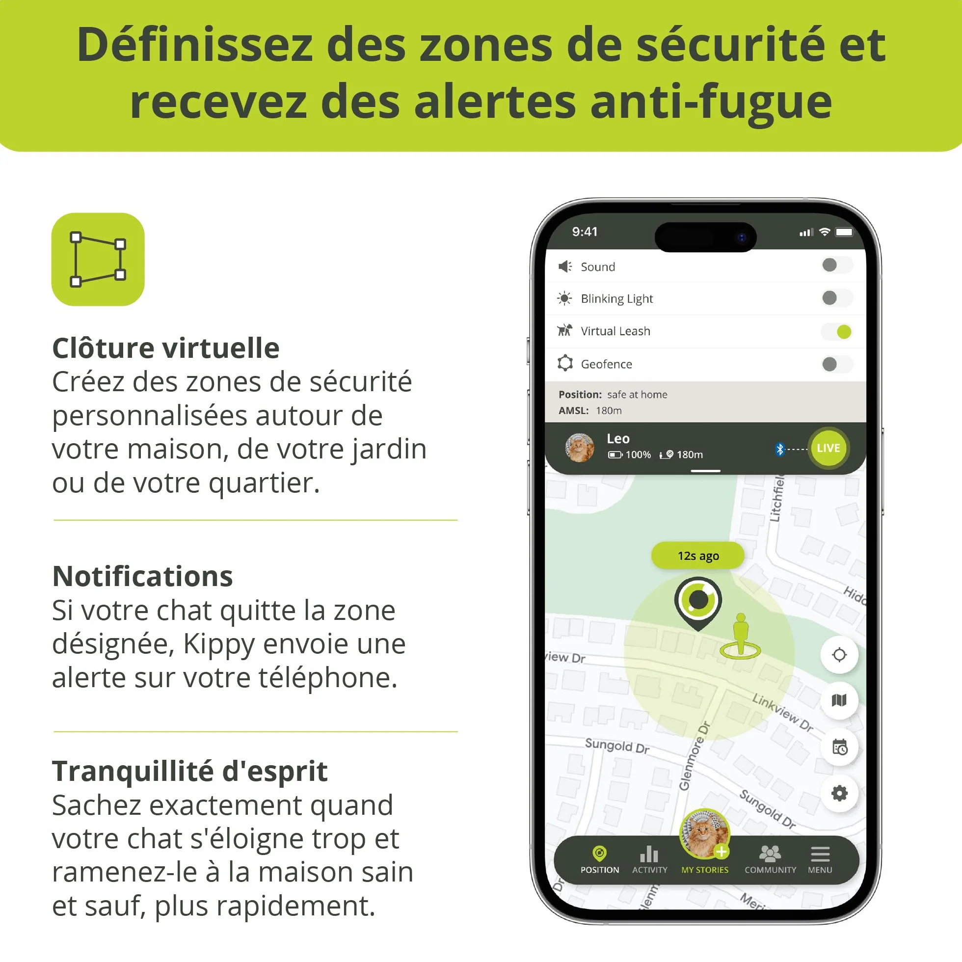 Kippy Cat V2 Collier GPS Chat Localisateur Tracker Santé Activité Anti-Étranglement Frontières Virtuelles Suivi Temps Réel