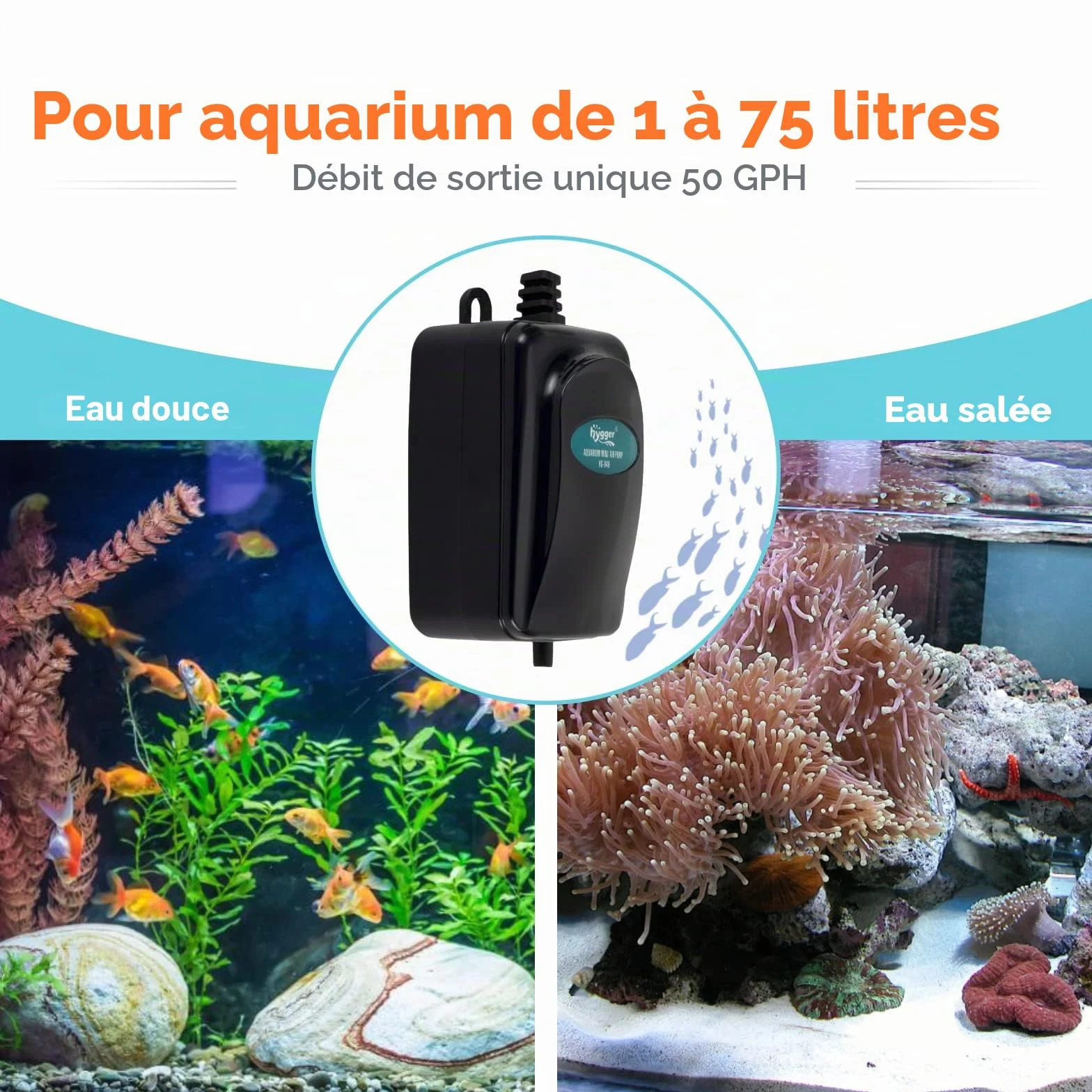 Hygger Pompe à Air Aquarium Silencieuse Réglable 1-75 L avec Tuyau et Pierre à Gazéifier 1W