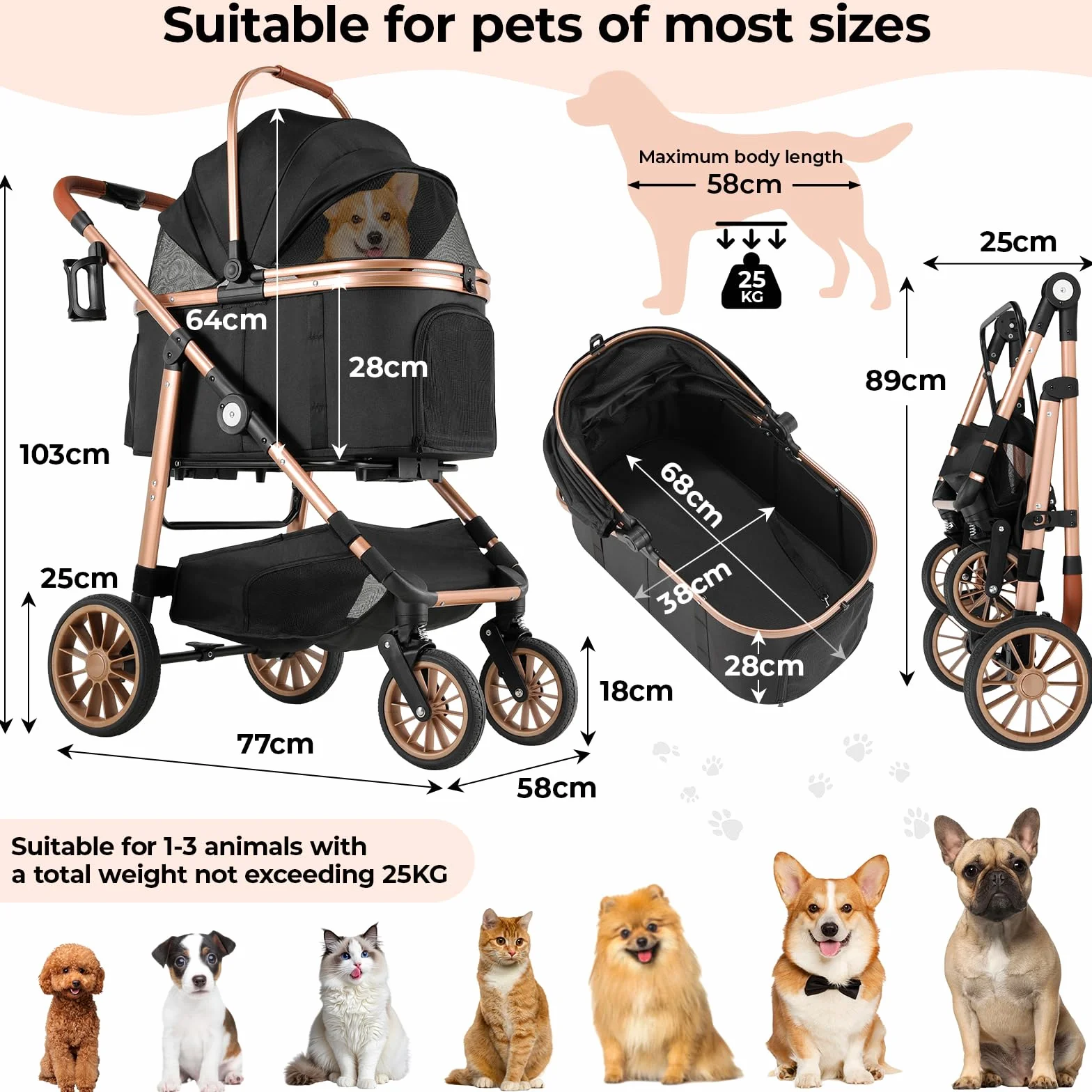 Poussette pour Chien 4 en 1 MAMIZO, Pliable jusqu'à 25 kg, Sac de Transport Pliable, Roues Caoutchouc 360° avec Suspension, Tout Terrain Noir