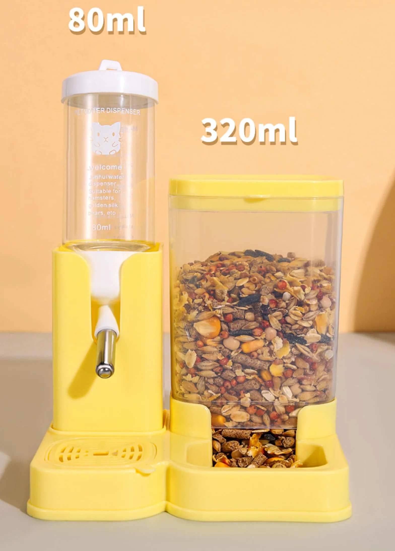 Gourde étanche pour hamster avec distributeur automatique de nourriture, transparent, buse en acier inoxydable, jaune