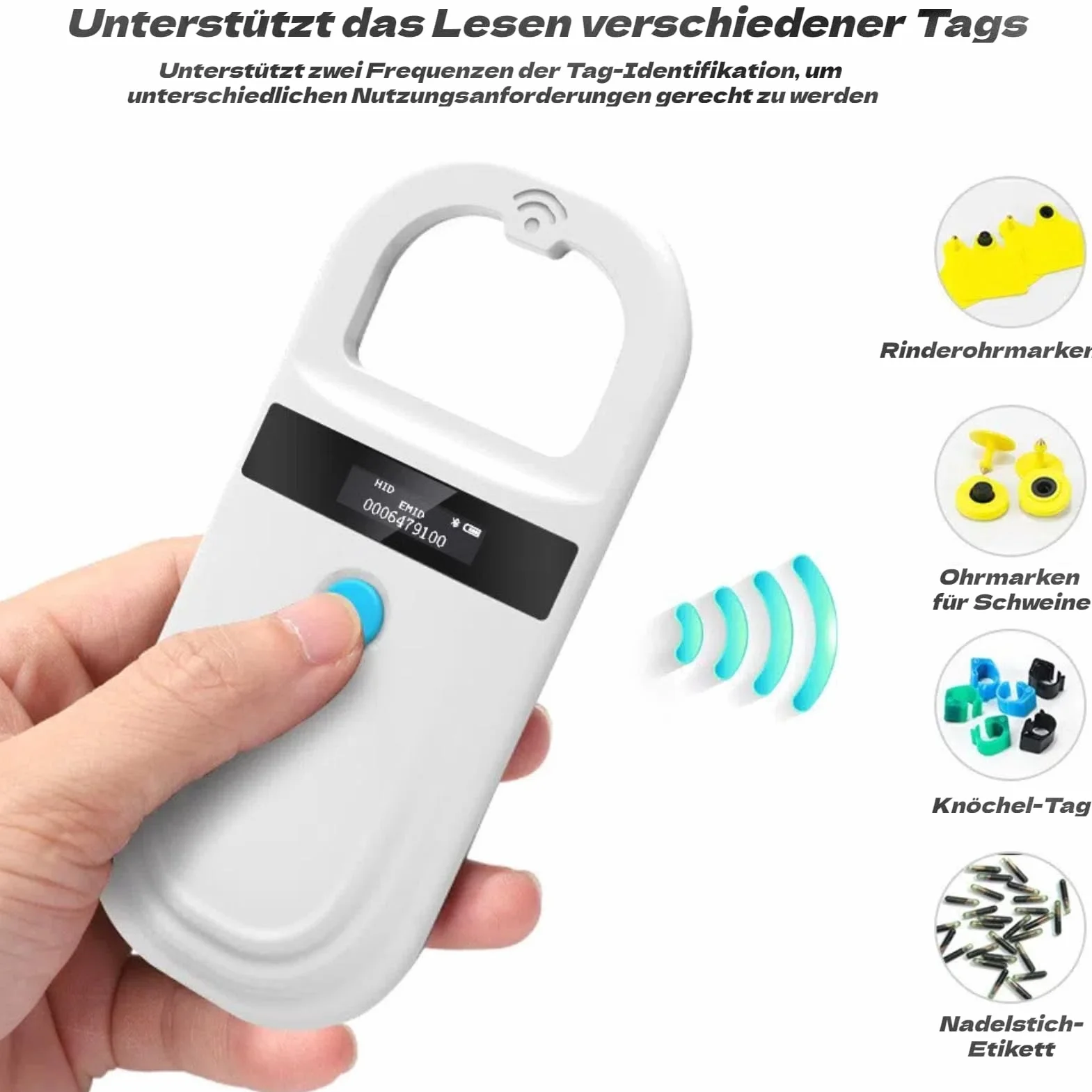 Akozon Scanner de Puces pour Animaux de Compagnie, Lecteur de Reconnaissance d'affichage Haute luminosité, Lecteur 3,7 V, pour Chiens, Chevaux, Chats, Cochons, étiquettes