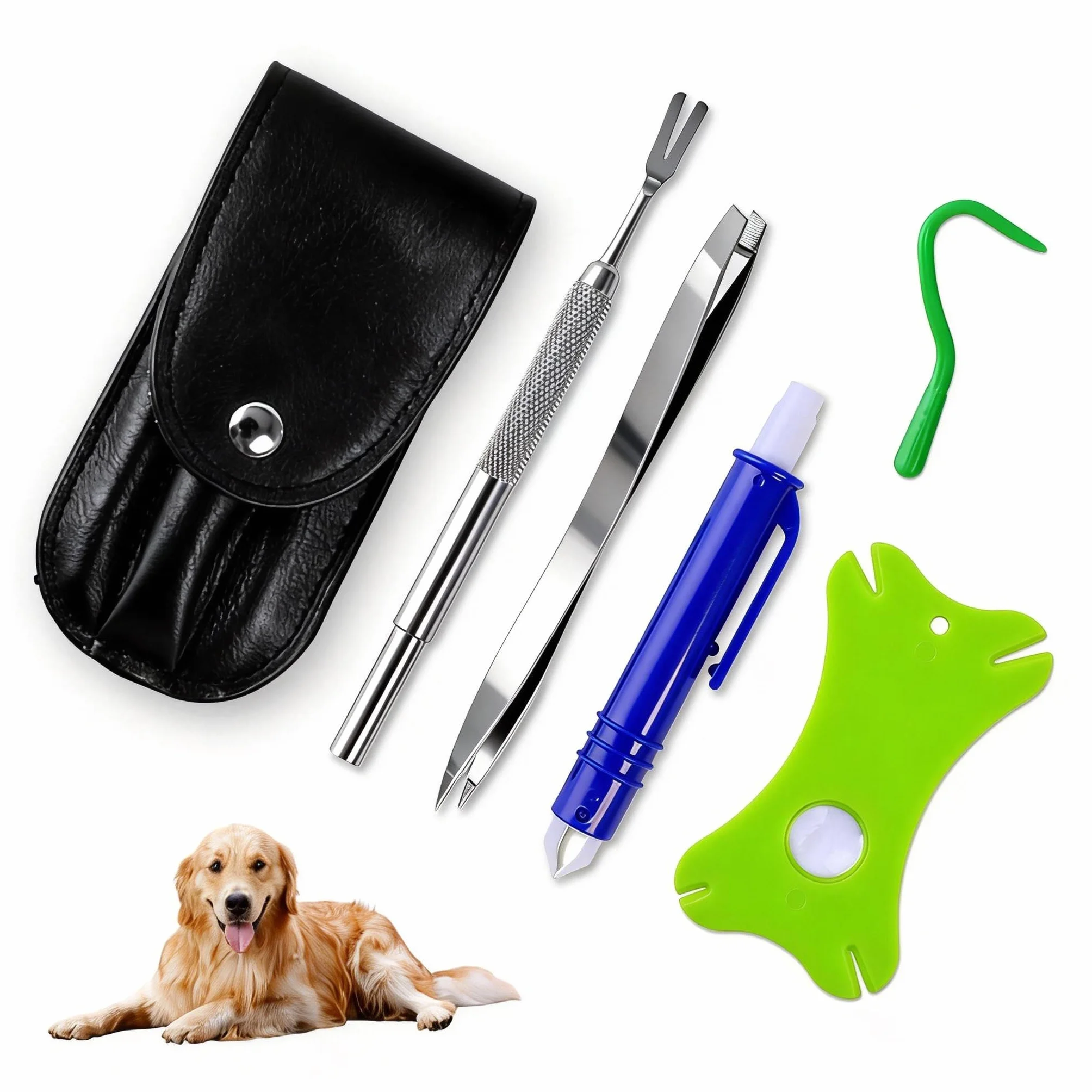 Pince à Tiques, 6 Pièces Pince à Tique Chien, Pince-Anti Tique, avec Loupe et Sac de Rangement, Idéales pour Retirer Les Tiques, Les Poux et Saletés