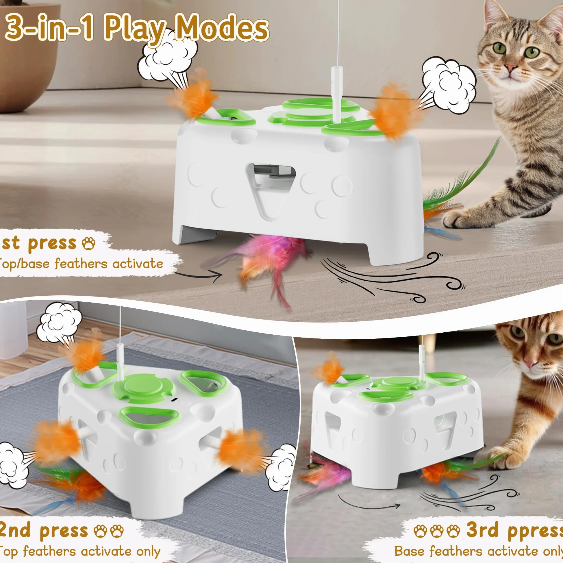 Jouet interactif 3 en 1 pour chat d'intérieur, jouet automatique pour chaton, oiseau volant, taupe à 6 trous, plume rotative, jouet interactif rechargeable USB pour chats d'intérieur ennuyés
