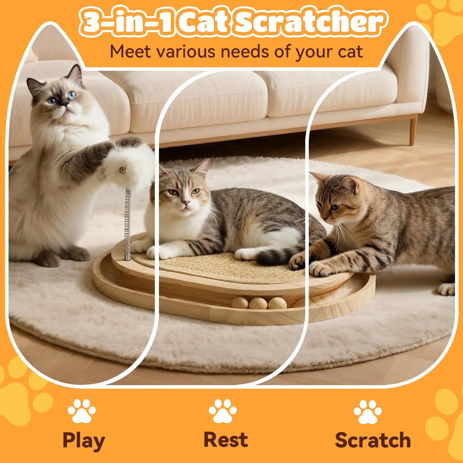 Griffoir pour Chat en Sisal Naturel Jouet Interactif pour Chaton | Tapis Grattoir avec Piste à Balle et 3 Jouets en Peluche, Chasser et Griffer, Griffoir Rond en Bois pour Intérieur