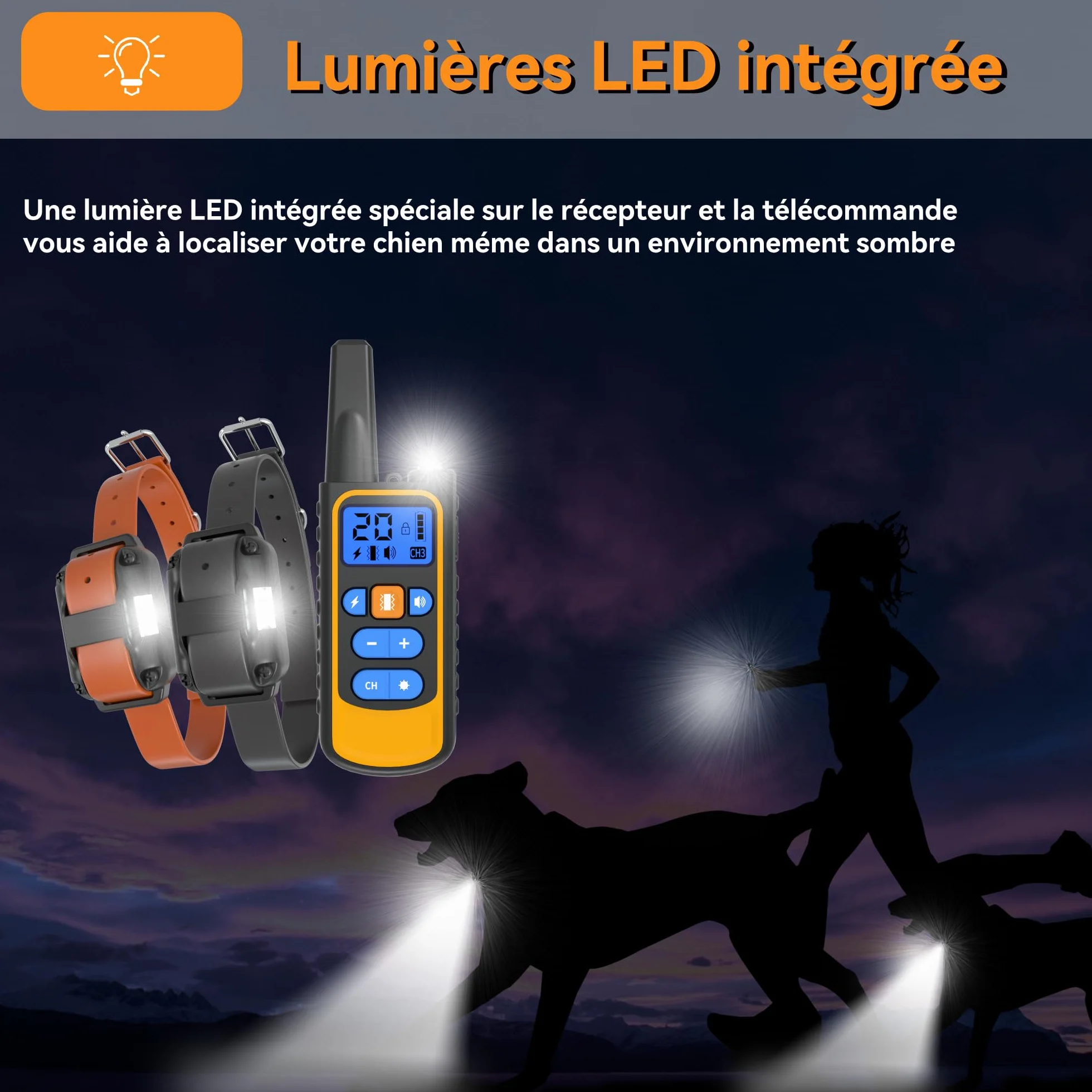 Meloive Collier de Dressage pour Deux Chiens,Collier Rechargeable avec Contrôle Manuel Portée 3000 Mètres,4 Modes d'Entraînement Choc Électrique/Sonore/Vibration/Lumière,IPX67 Résistant à l'eau