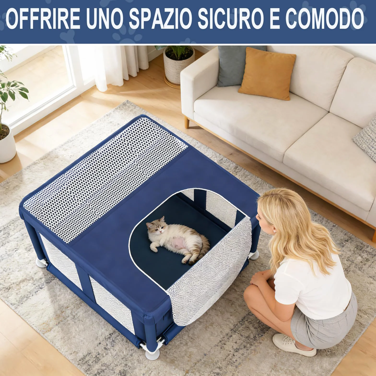Parc pour Chiots avec Tissu renforcé, Filet en Nylon et Tubes en Acier Inoxydable, Bleu, 90x90x66cm