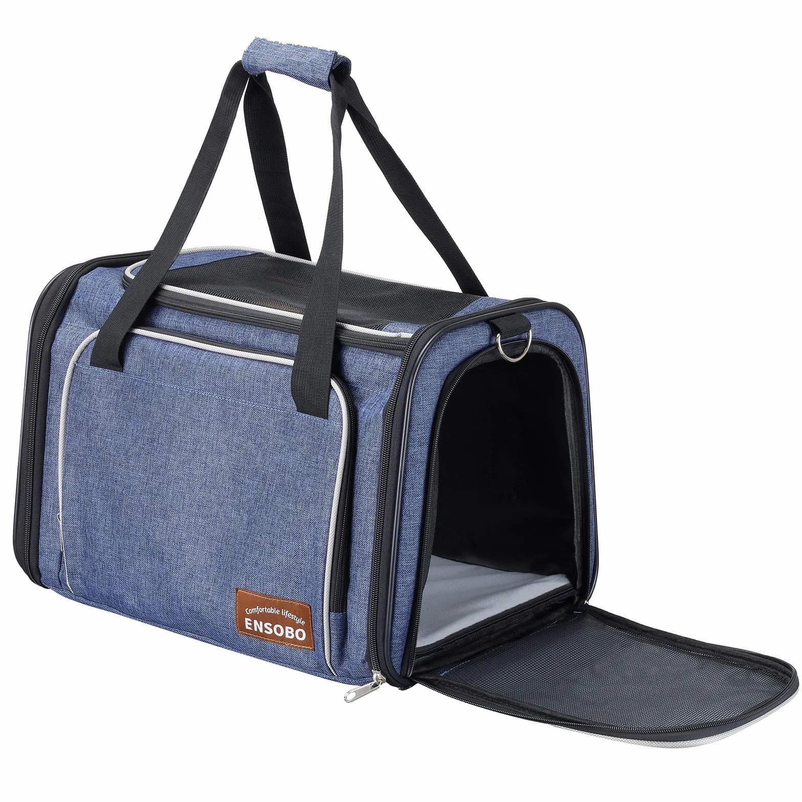 ENSOBO Sac Transport Chat Chien, Matériau Denim Résistant aux Rayures, Sac de Transport pour Animal de Compagnie avec Matelas Souple, Caisse Transport Respirant Confortable