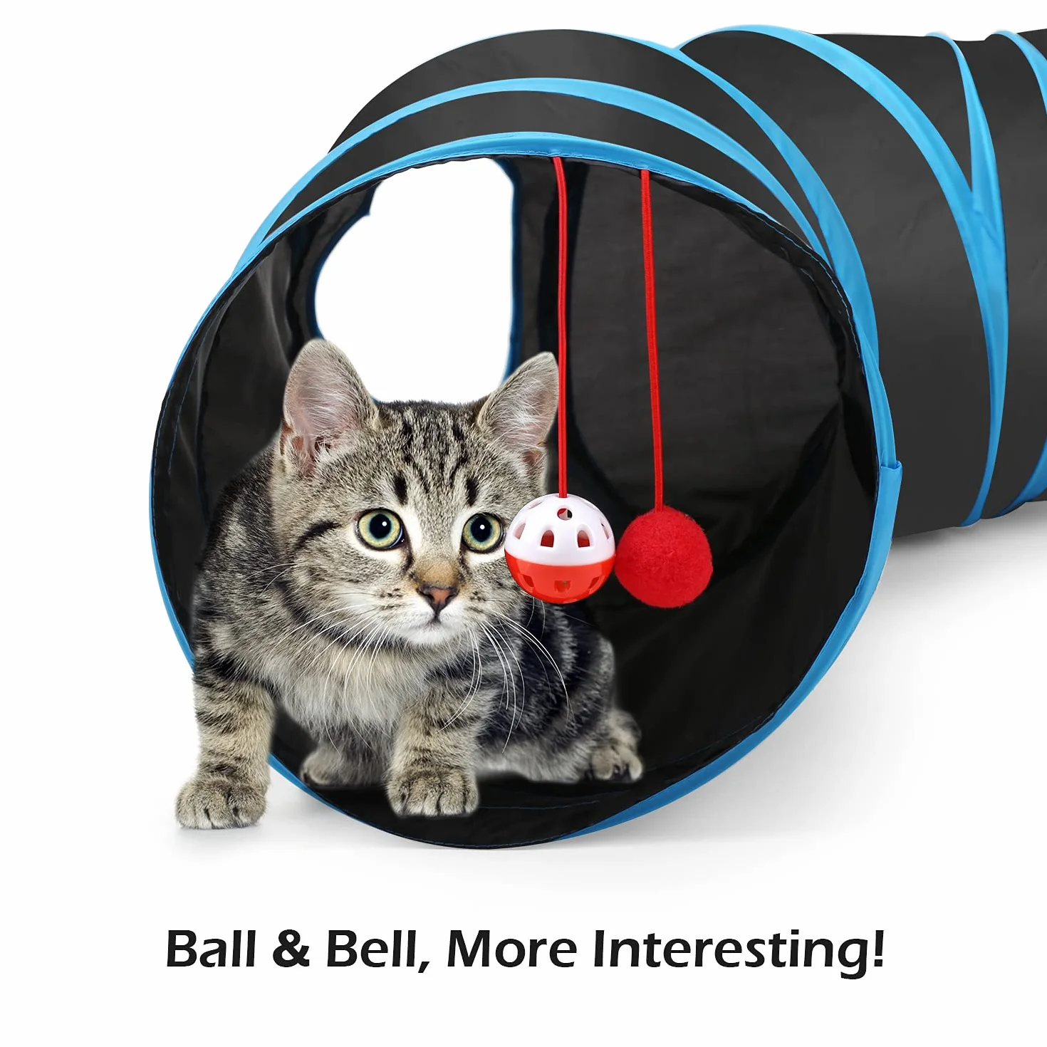 Pawaboo Tunnel Pliable en Forme de S, Jouet Interactif Tube avec Pompon et Cloches pour Chat Chiot Lapin - Noir