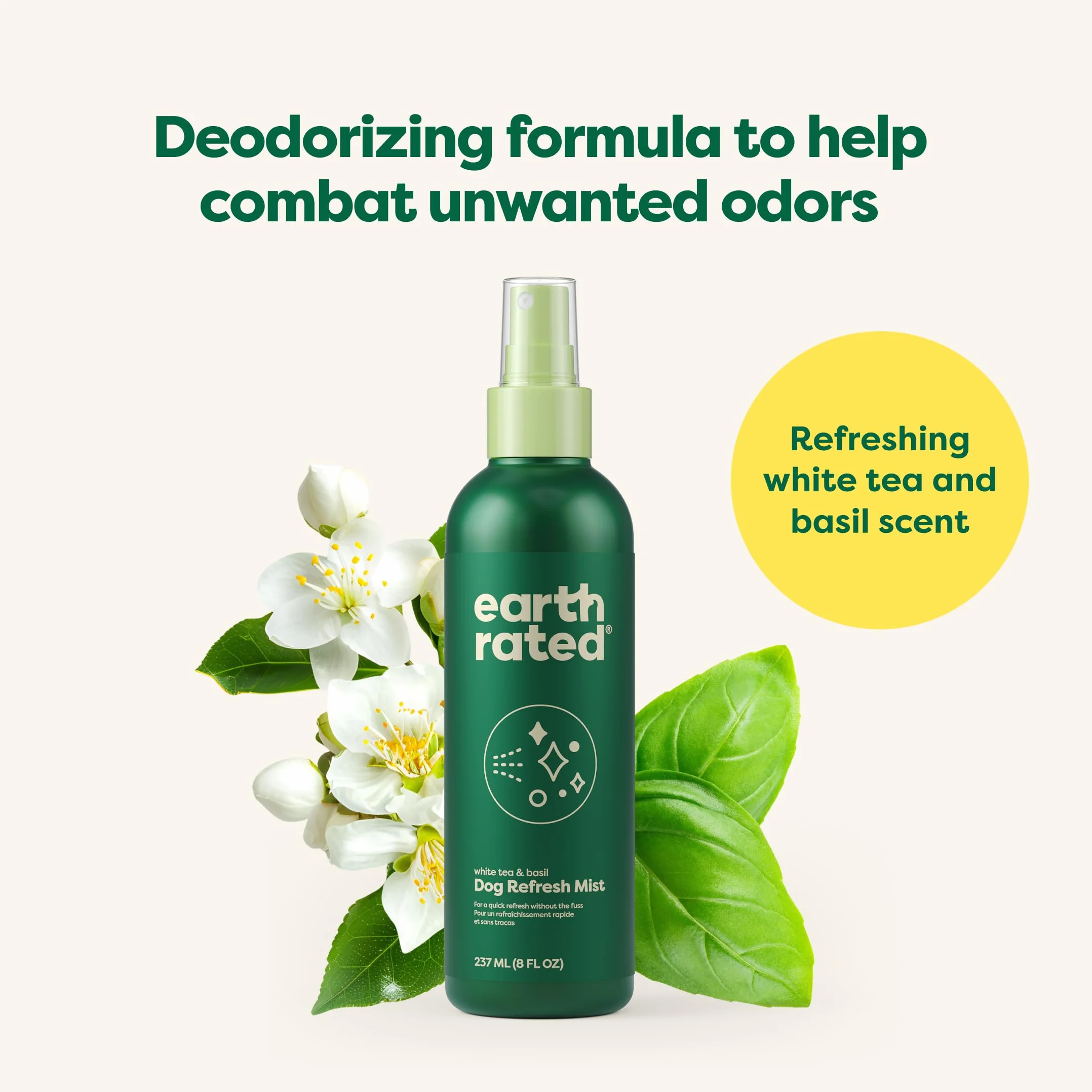 Earth Rated Spray désodorisant pour chien 236,8 g éliminant les odeurs tous types de pelage parfum thé blanc basilic