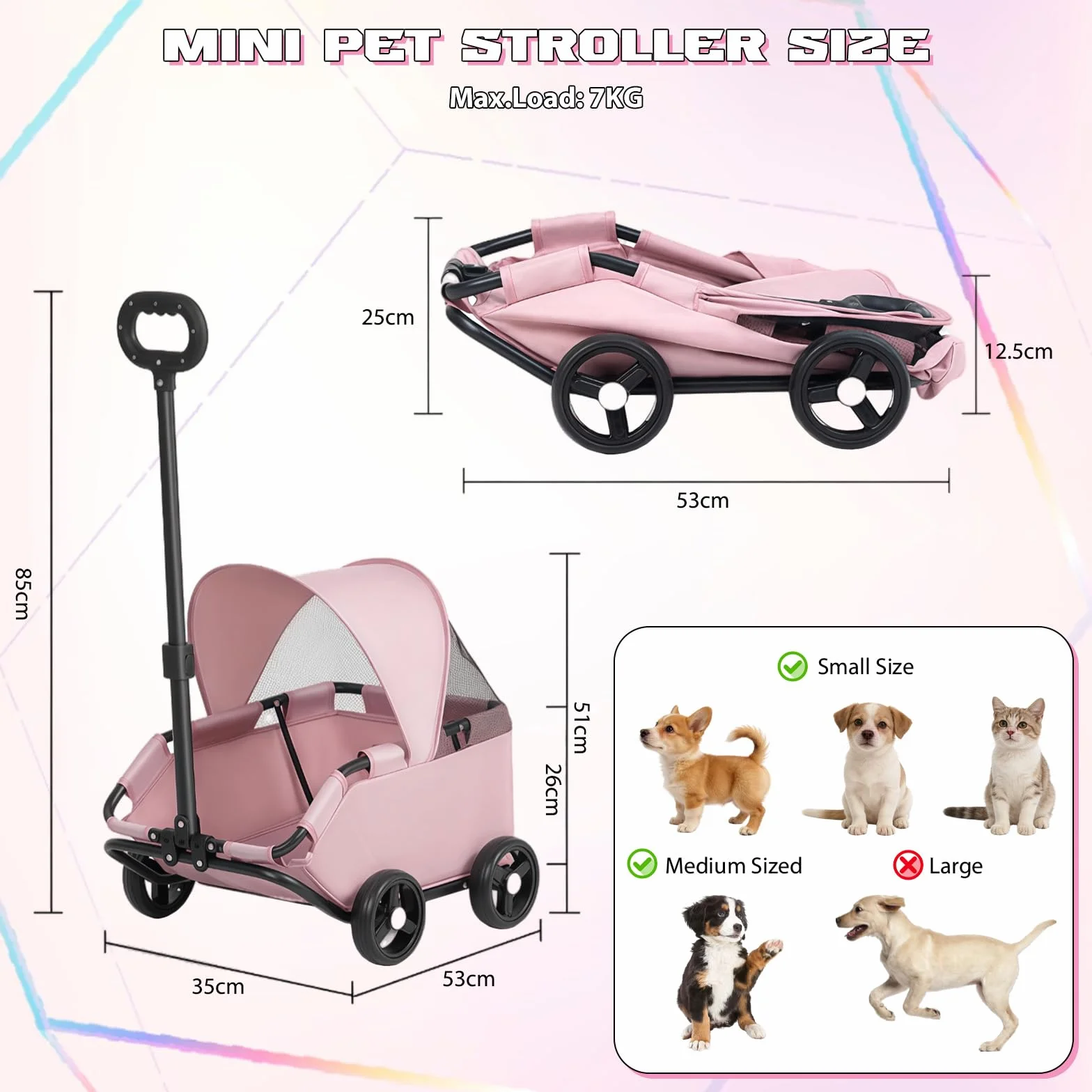 Chariot pour chien pliable 4 roues barre pivotante 360° Tissu Oxford 600D rose