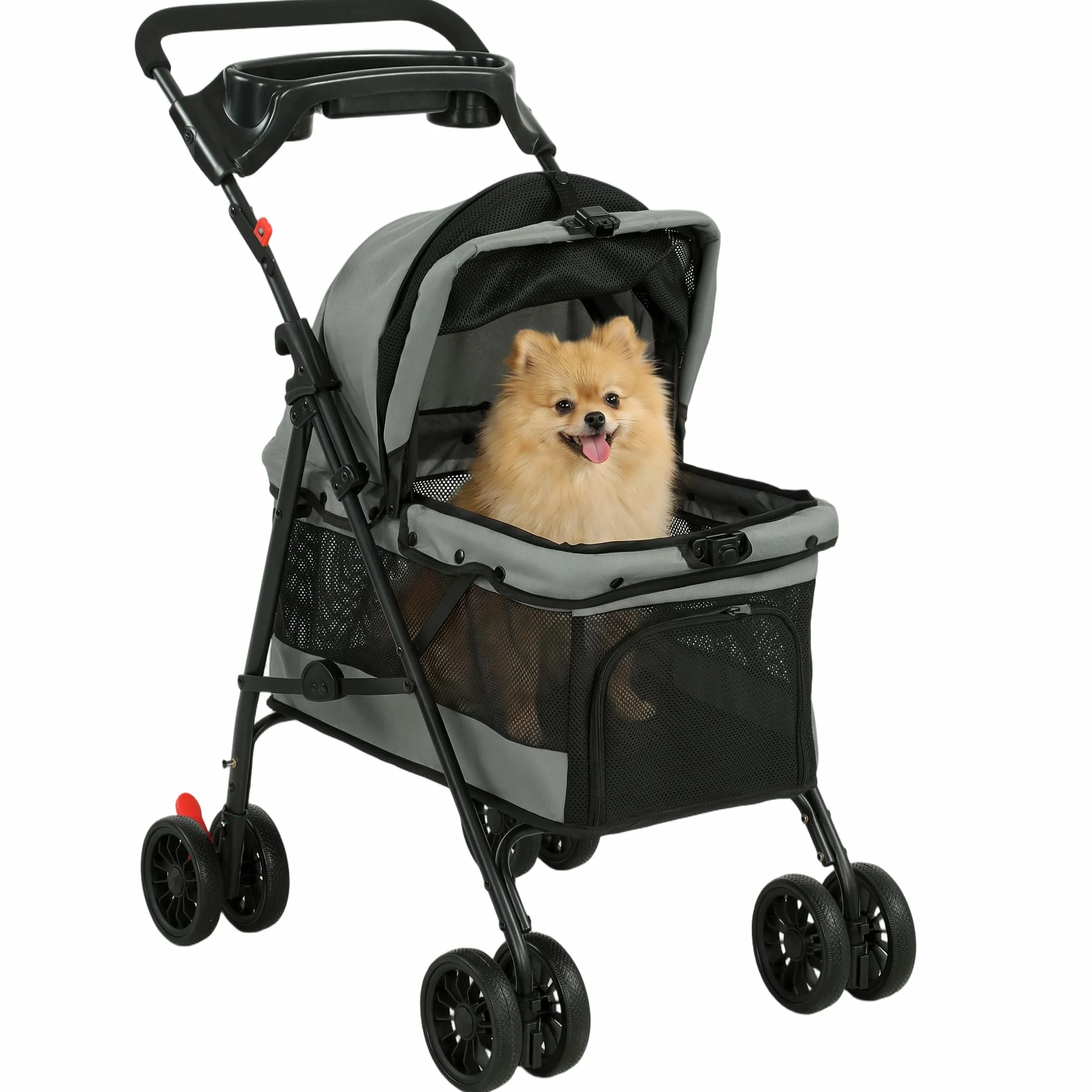 PawHut Poussette pour Chien avec 4 Roues EVA, Chariot Pliable, Frein, Gris
