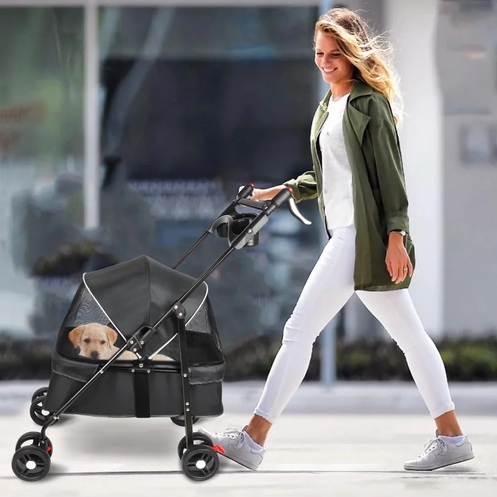 Poussette pour Chien 25 Kg avec Sac de Rangement, Housse de Pluie et Porte-gobelet - Pet Stroller Buggy 50x70x95cm Noir