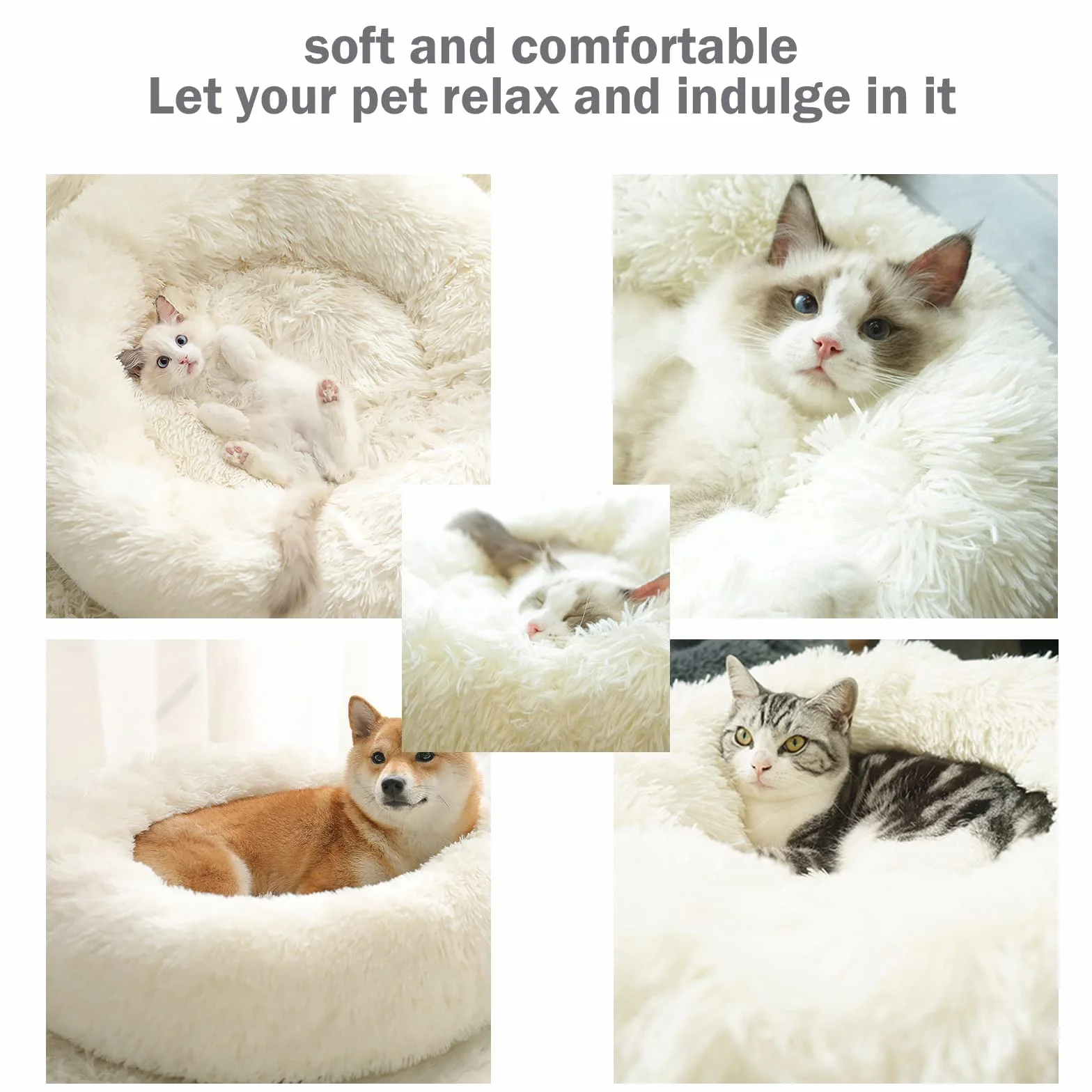 Coussin Anti Stress Apaisant pour Chat Chien Moelleux Rond Donut Lit Confortable Lavable Blanc S